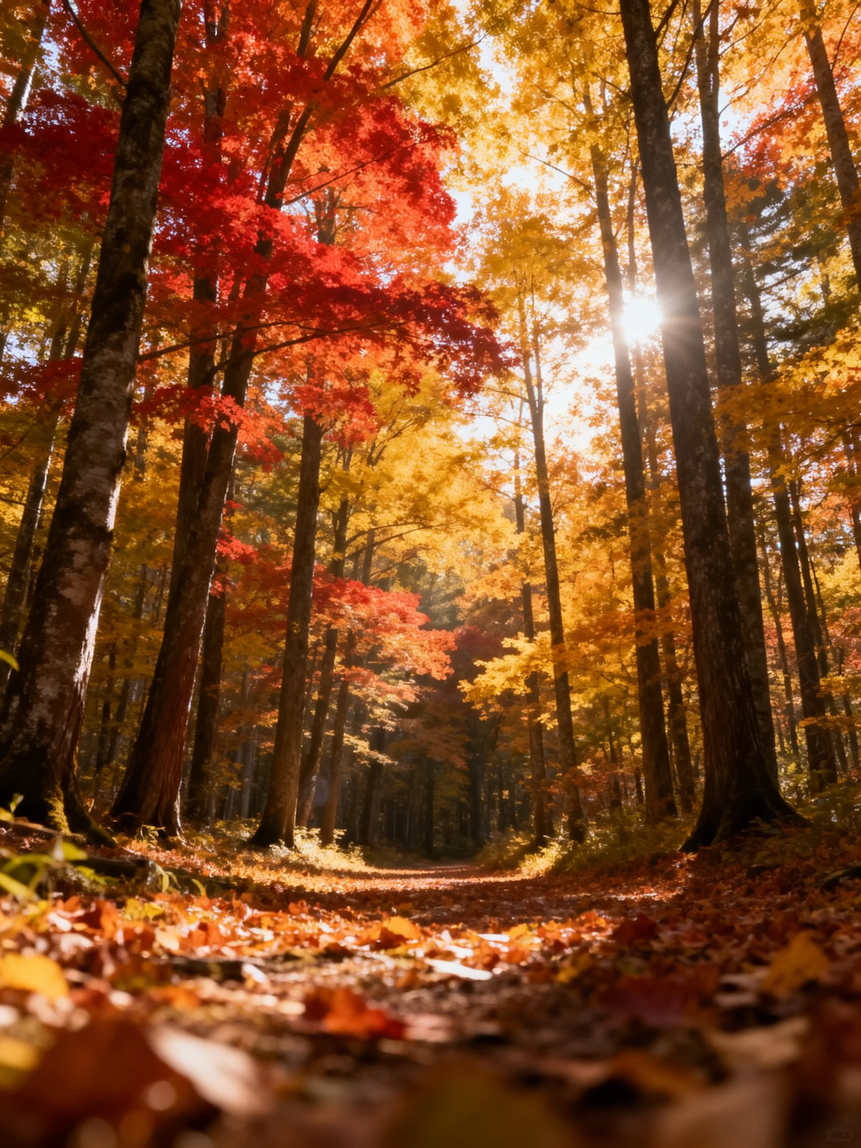 Vibrant autumn forest with red and golden foliage along sun-dappled path