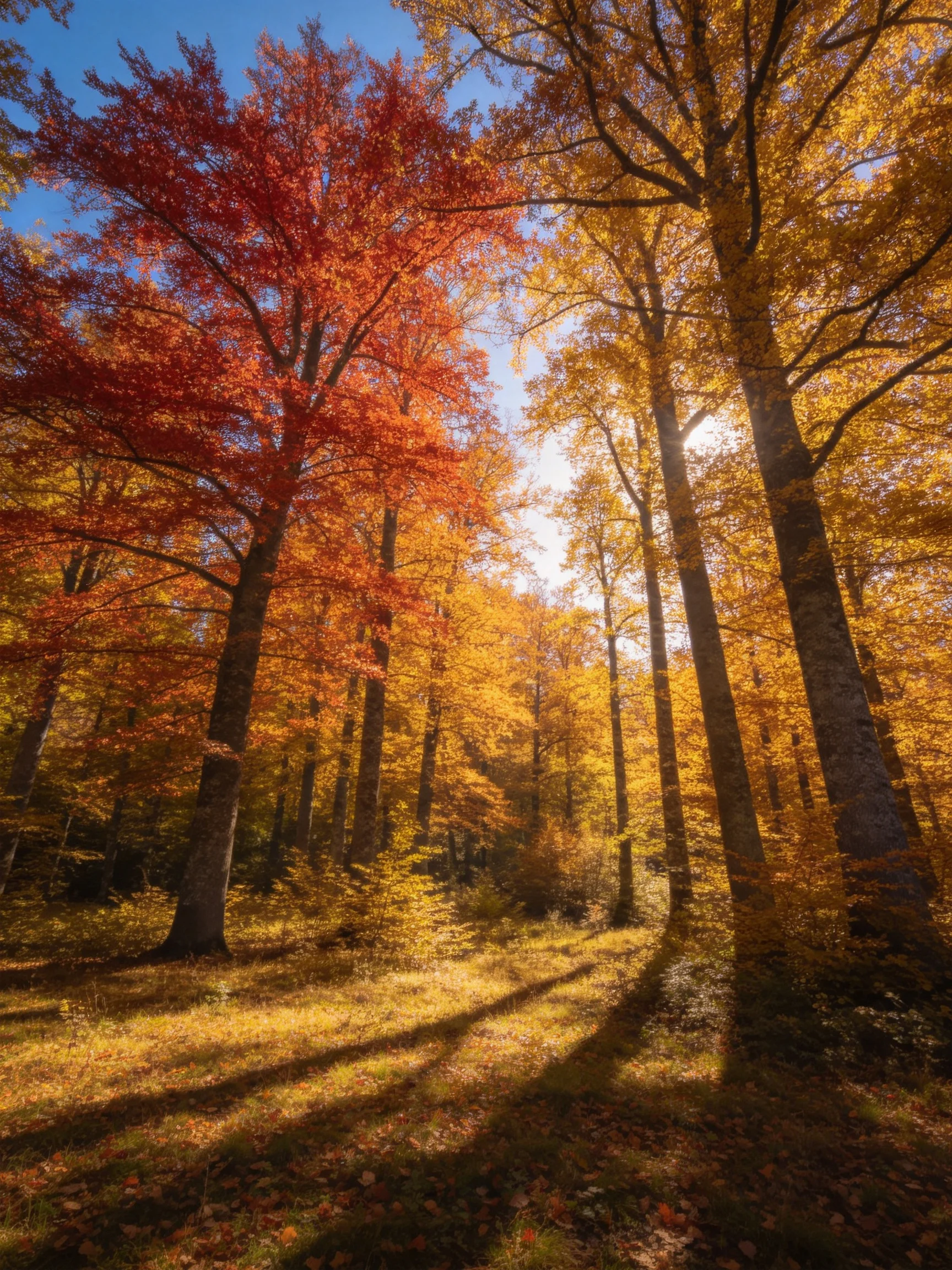 Vibrant autumn forest with red and golden maple trees under bright sunlight