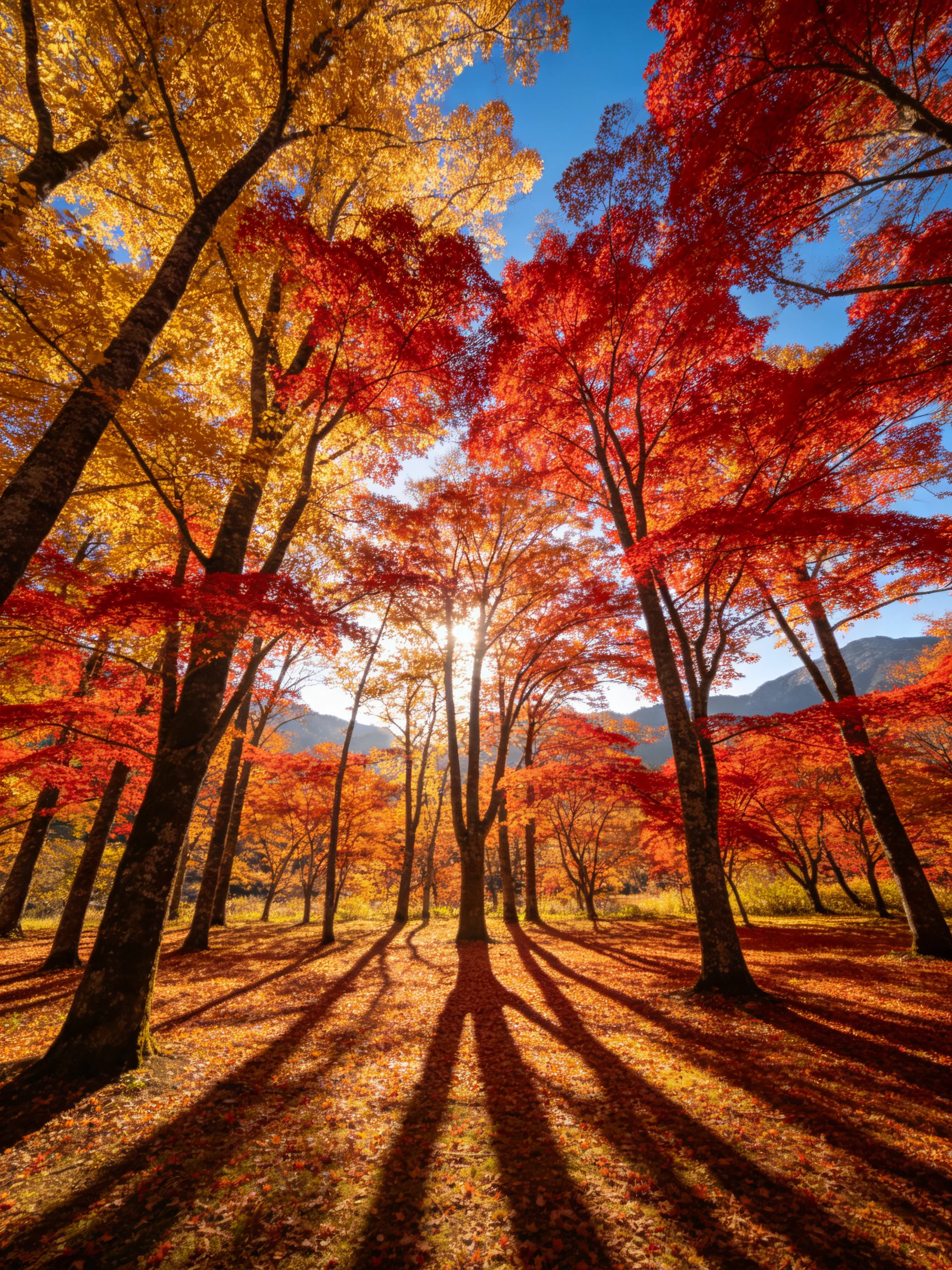 Vibrant autumn forest with red and golden maple trees under sunny skies