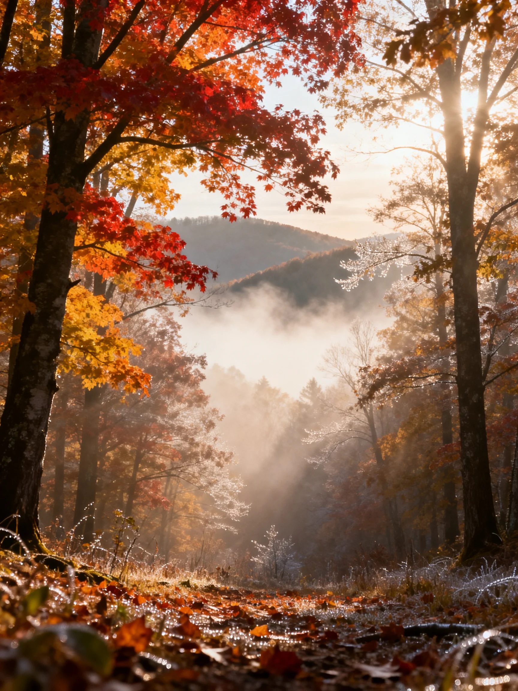 Vibrant autumn forest with red, gold foliage and morning mist