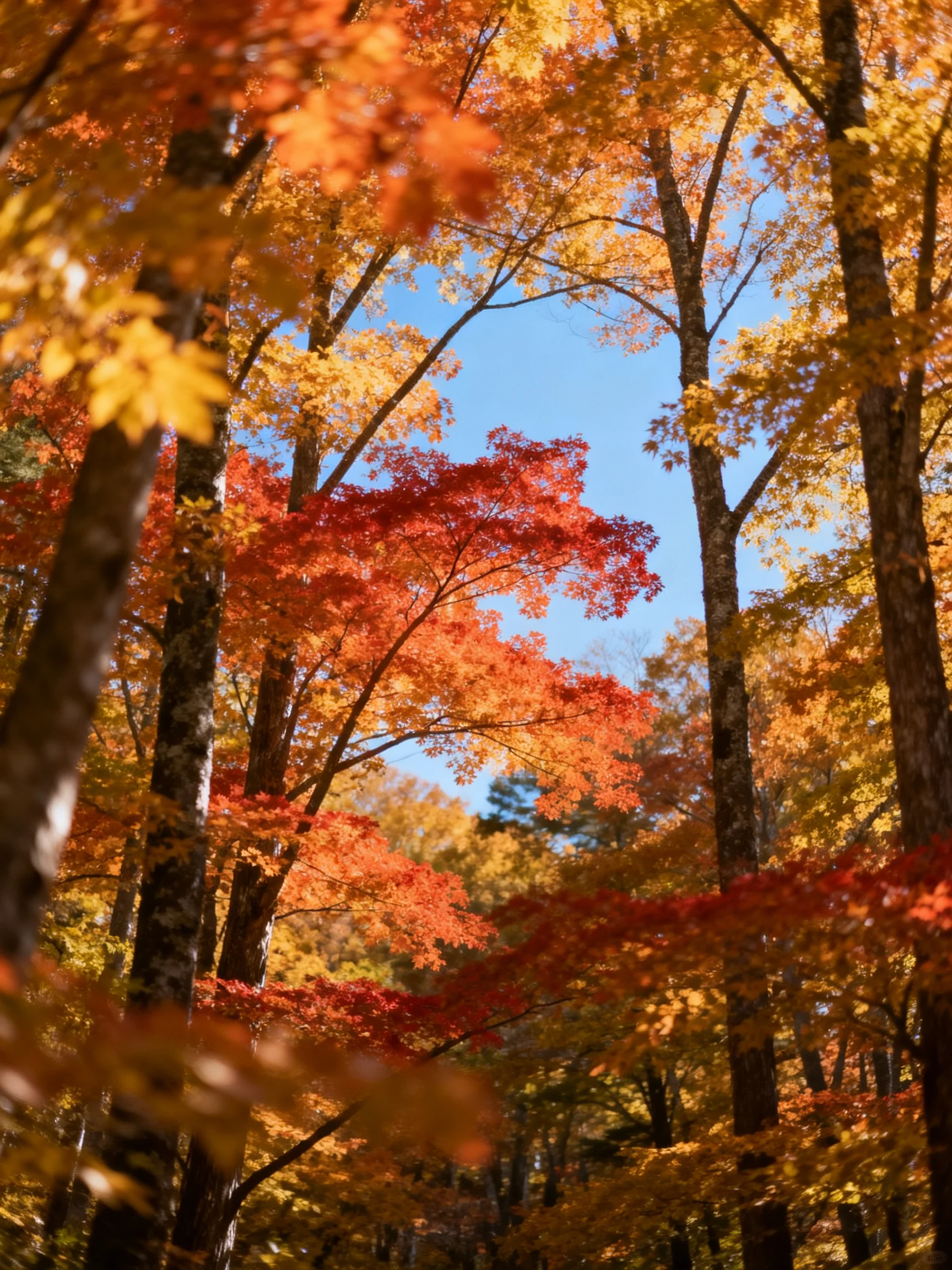 Vibrant autumn forest with red, orange, and golden foliage among tall trees