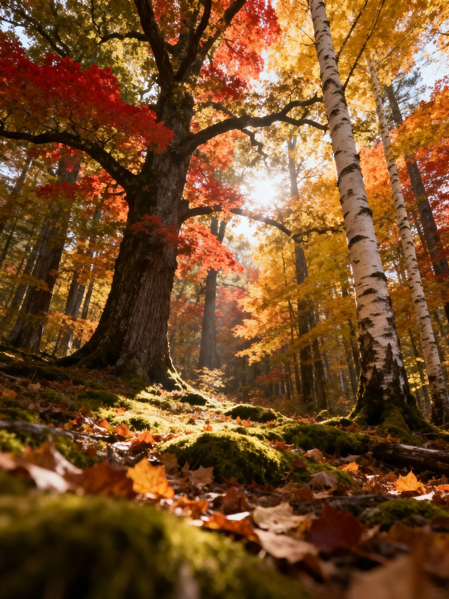 Vibrant autumn forest with tall trees and colorful foliage