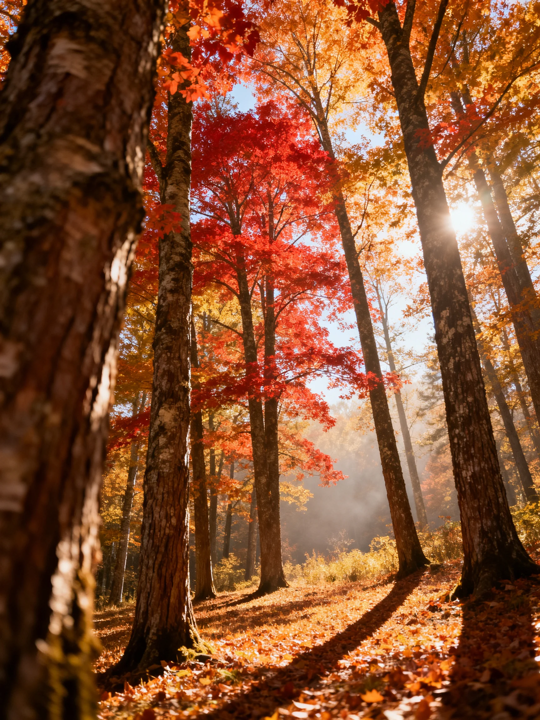Vibrant autumn forest with tall trees and golden sunlight