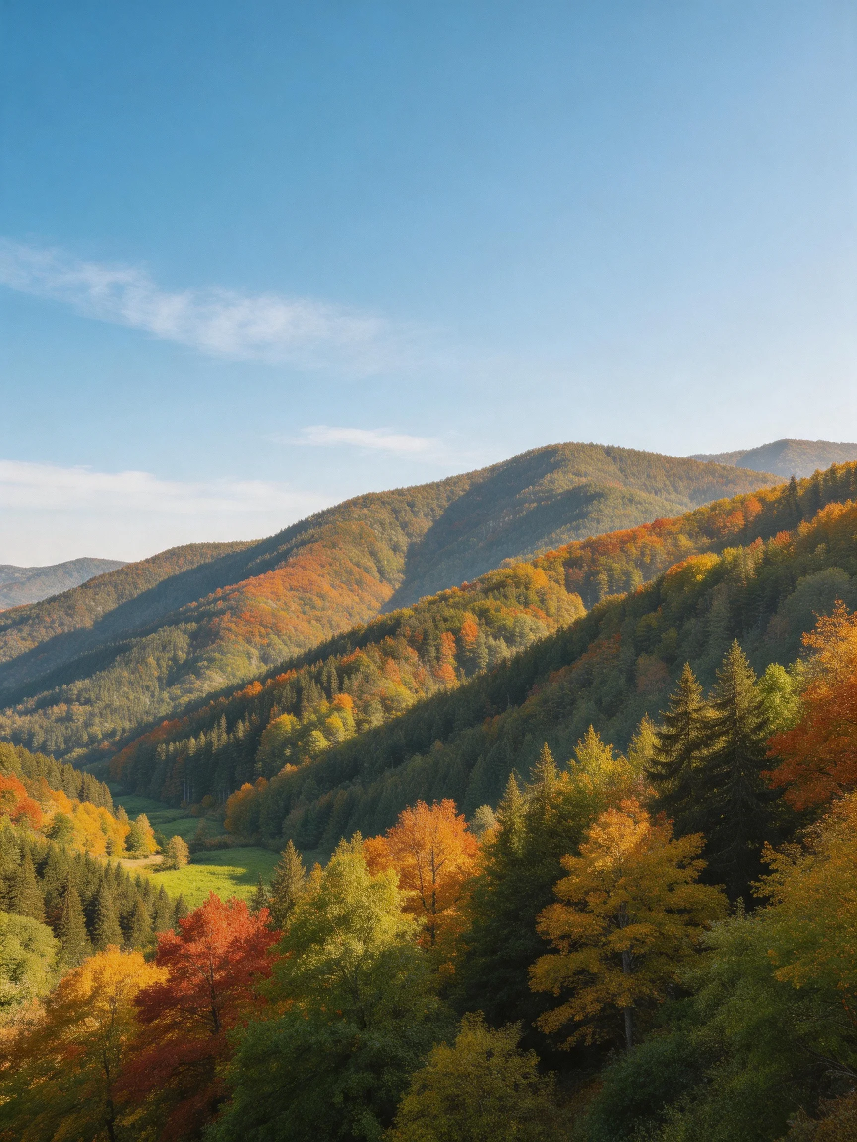 Vibrant autumn forests and rolling green mountains under clear blue sky