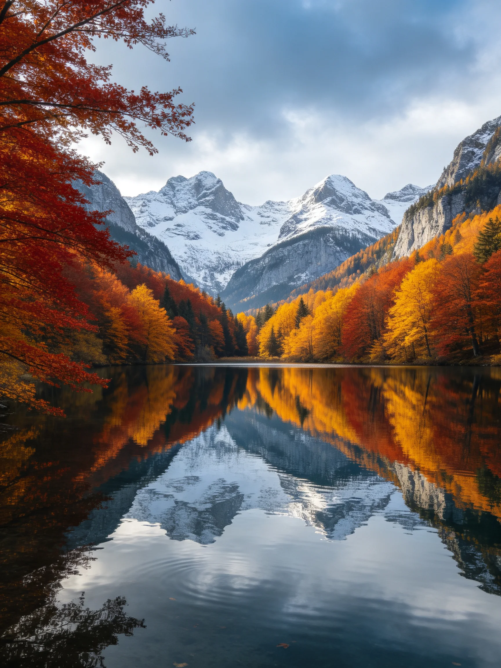 Vibrant autumn forests reflect in a calm lake near snow - capped mountains