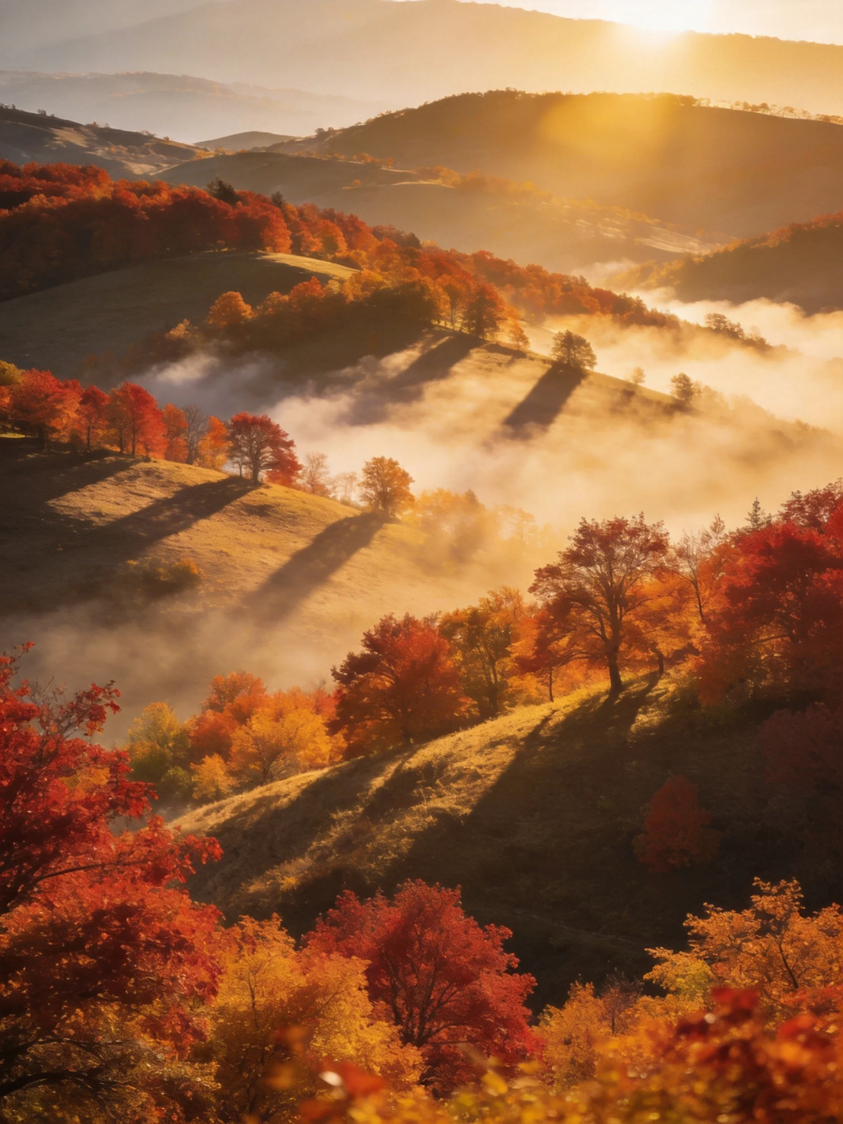 Vibrant autumn hills with colorful foliage and morning mist