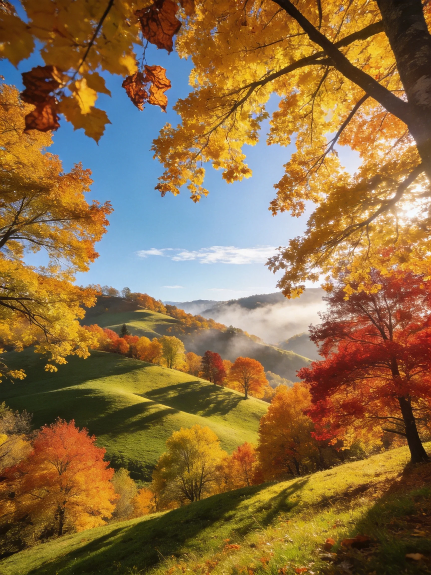 Vibrant autumn landscape with multicolored trees and rolling green hills
