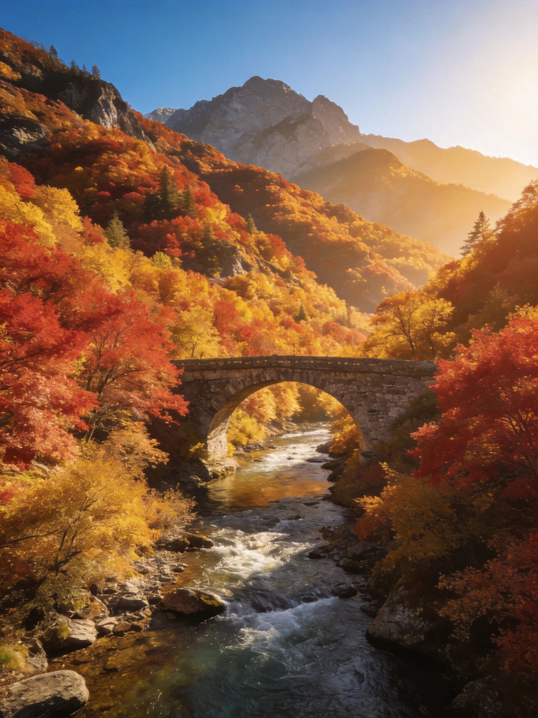 Vibrant autumn landscape with stone arch bridge over rushing stream