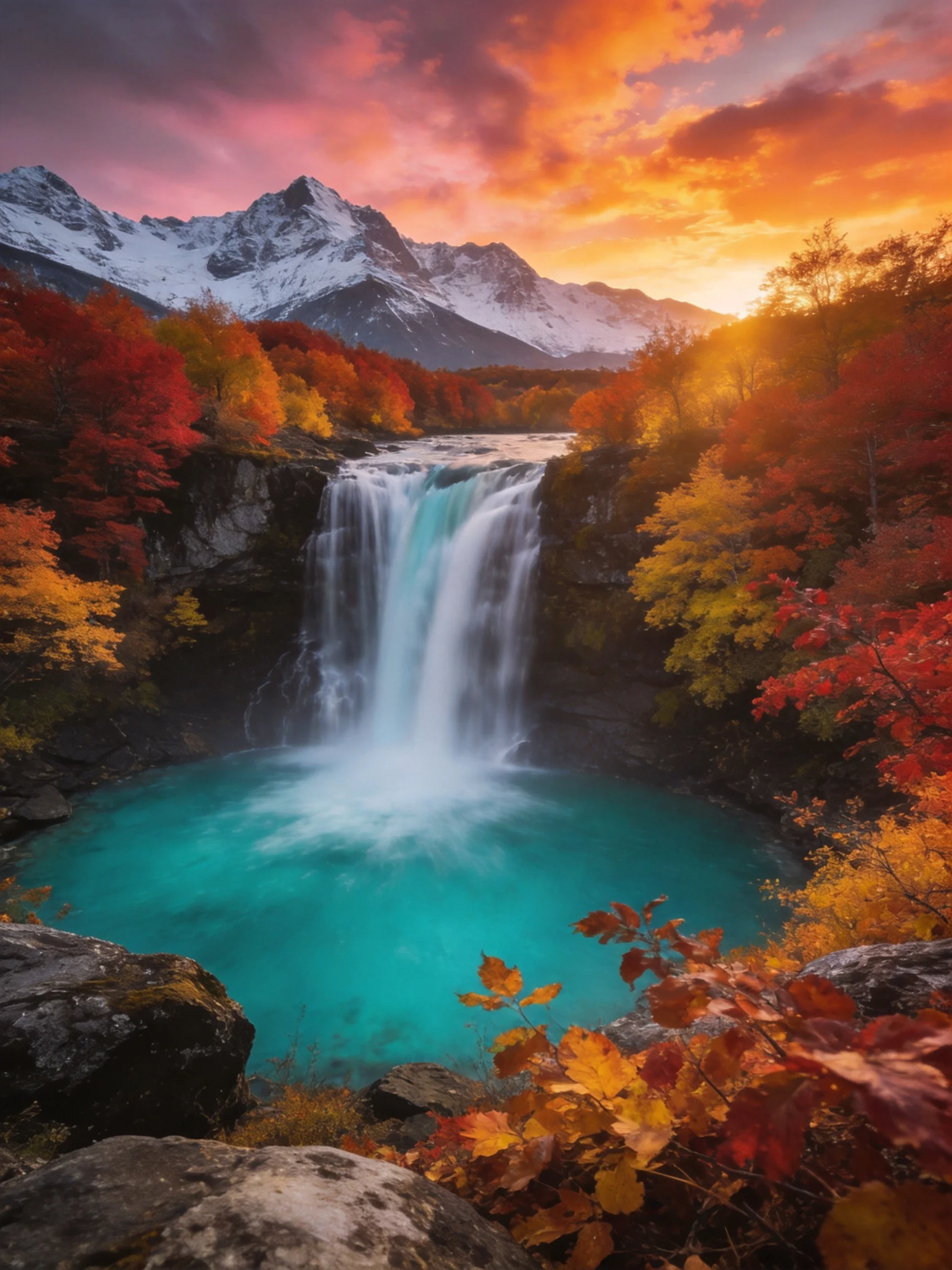 Vibrant autumn landscape with turquoise waterfall and snow-capped mountains