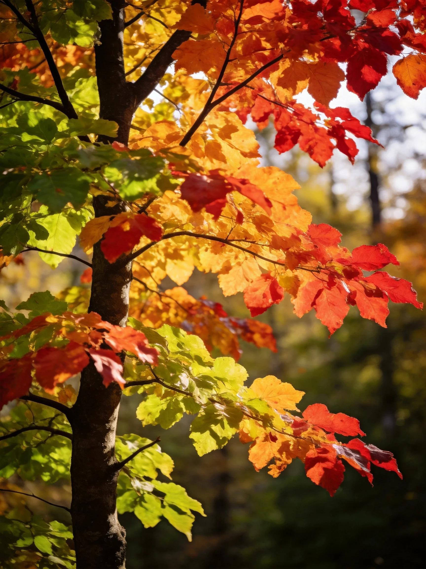 Vibrant autumn leaves display red, orange, and green hues on a tree branch