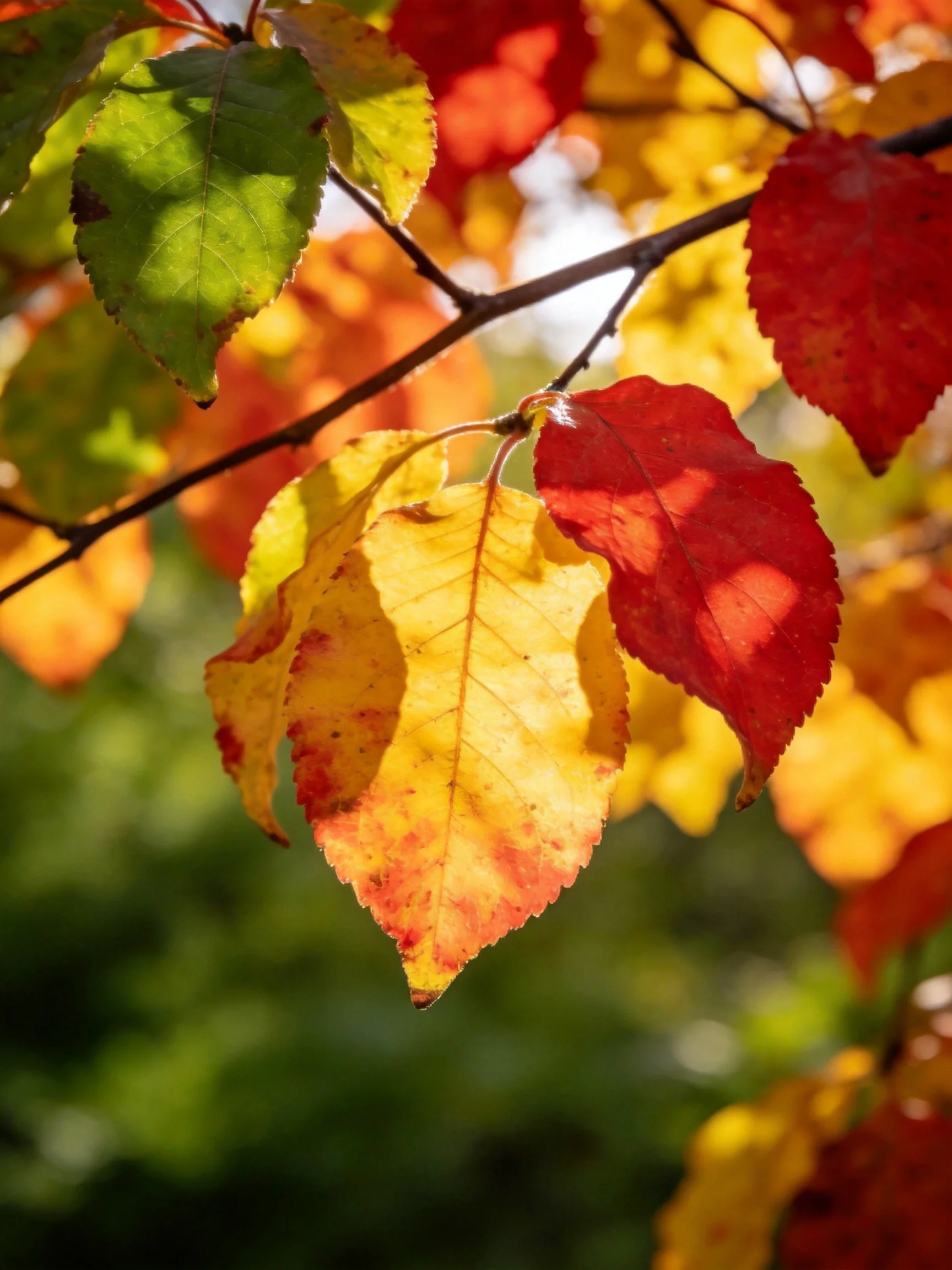 Vibrant autumn leaves display red, yellow, and green hues on tree branches