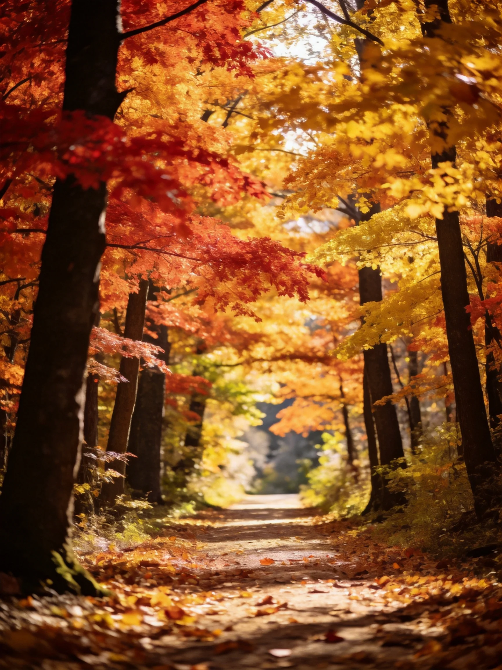Vibrant autumn leaves in reds and golds frame a sun-dappled forest path