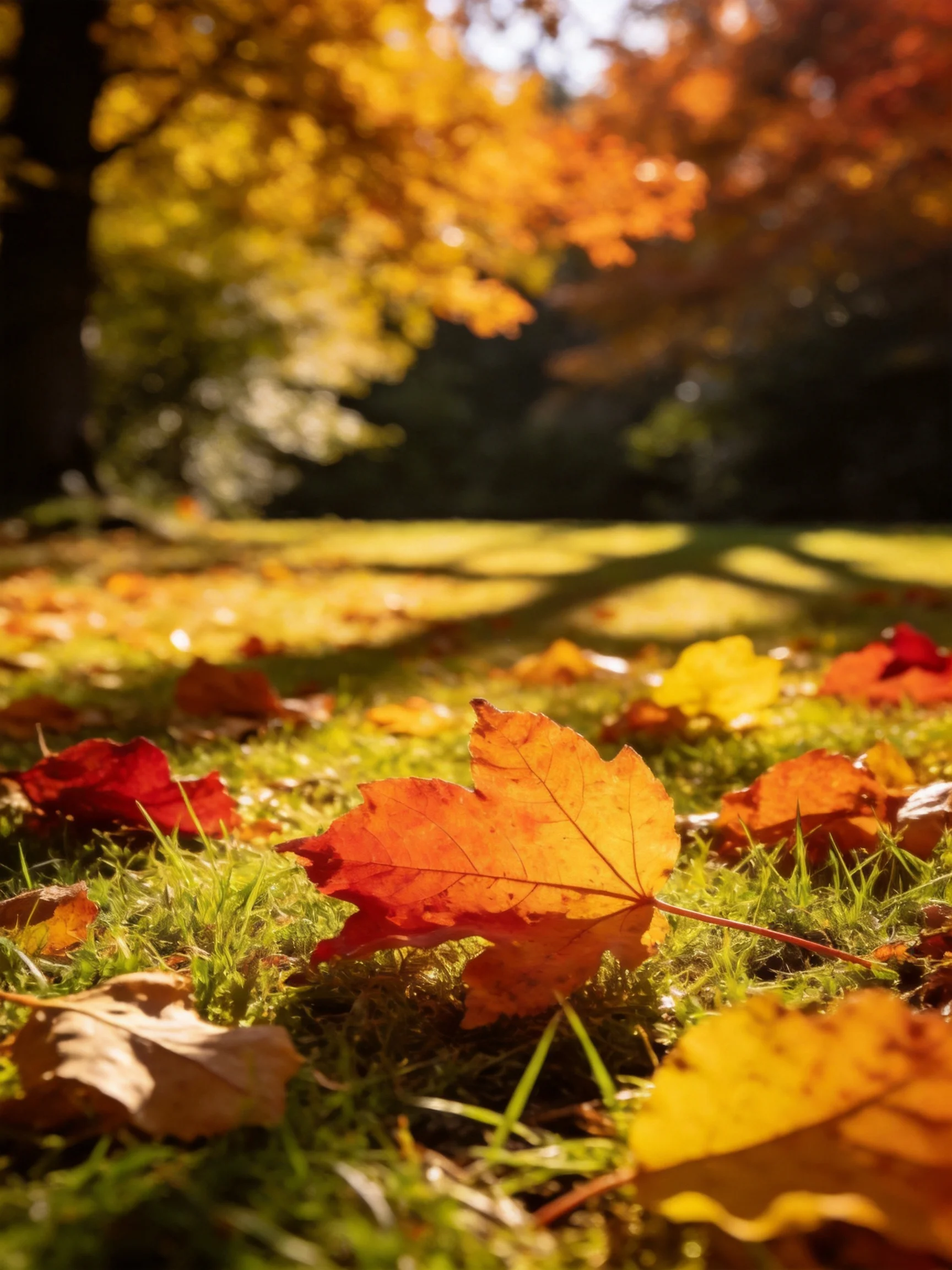 Vibrant autumn leaves scattered on sunlit green grass