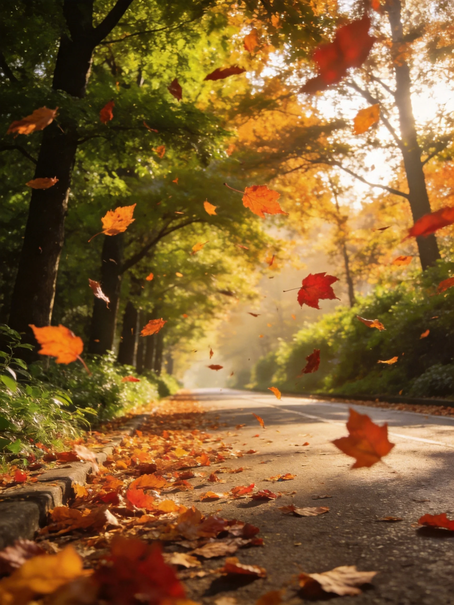 Vibrant autumn leaves swirling over a sunlit tree-lined road