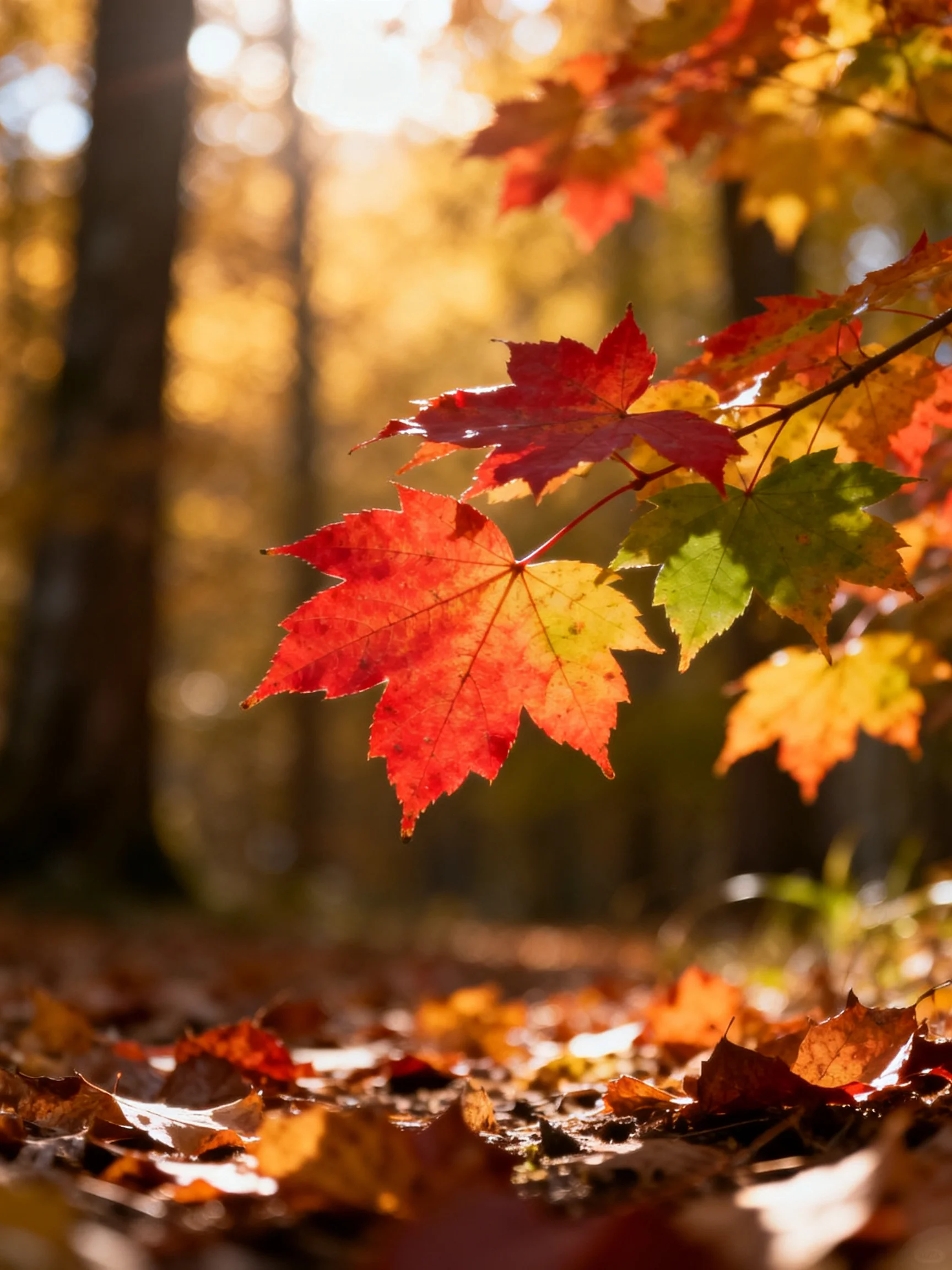 Vibrant autumn maple leaves glow amid golden forest light