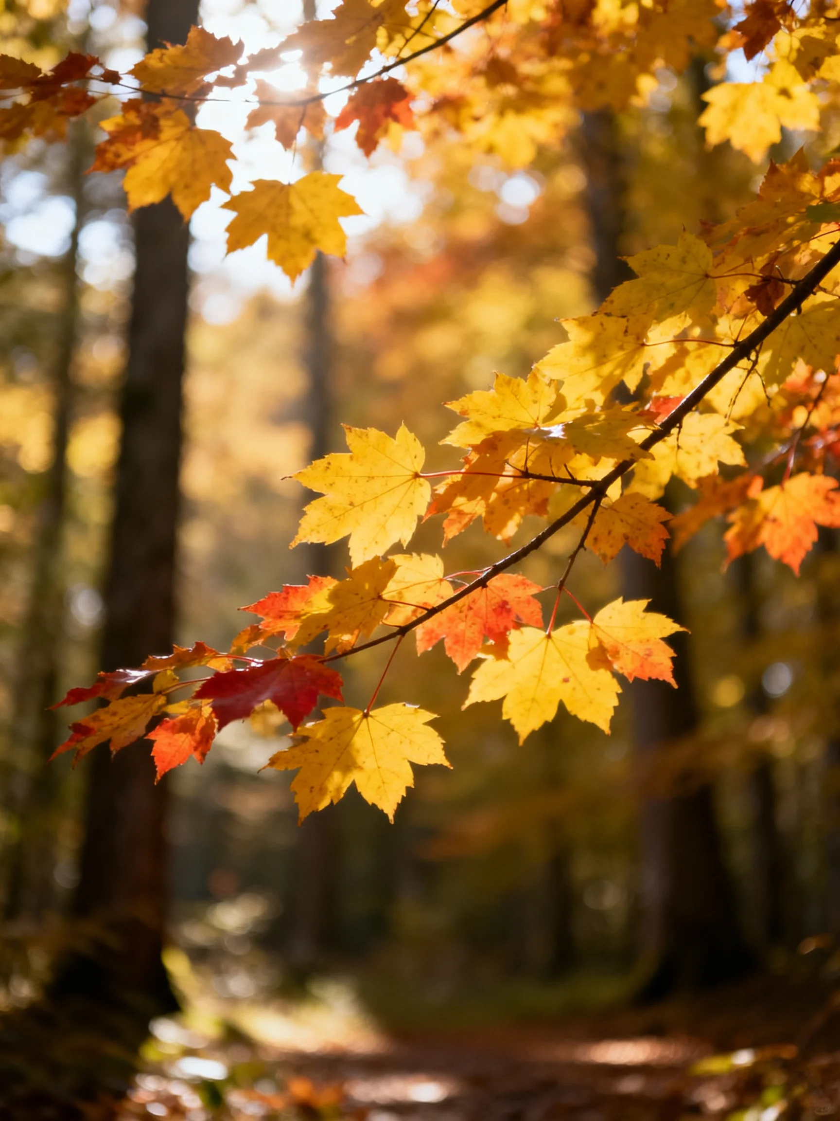 Vibrant autumn maple leaves glow in sun-dappled forest