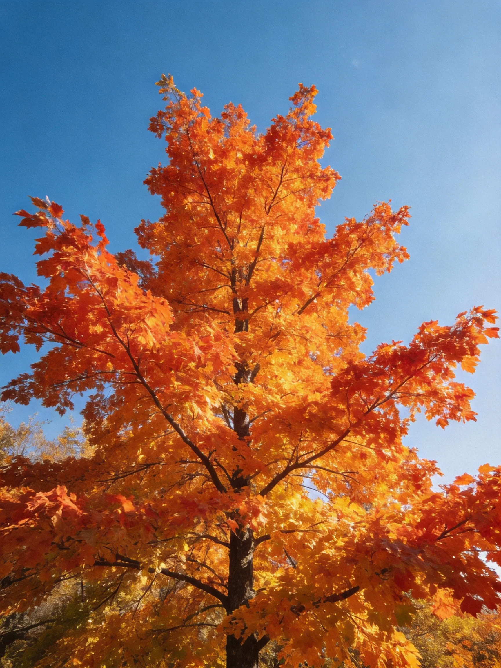 Vibrant autumn maple tree with fiery orange foliage under clear blue sky