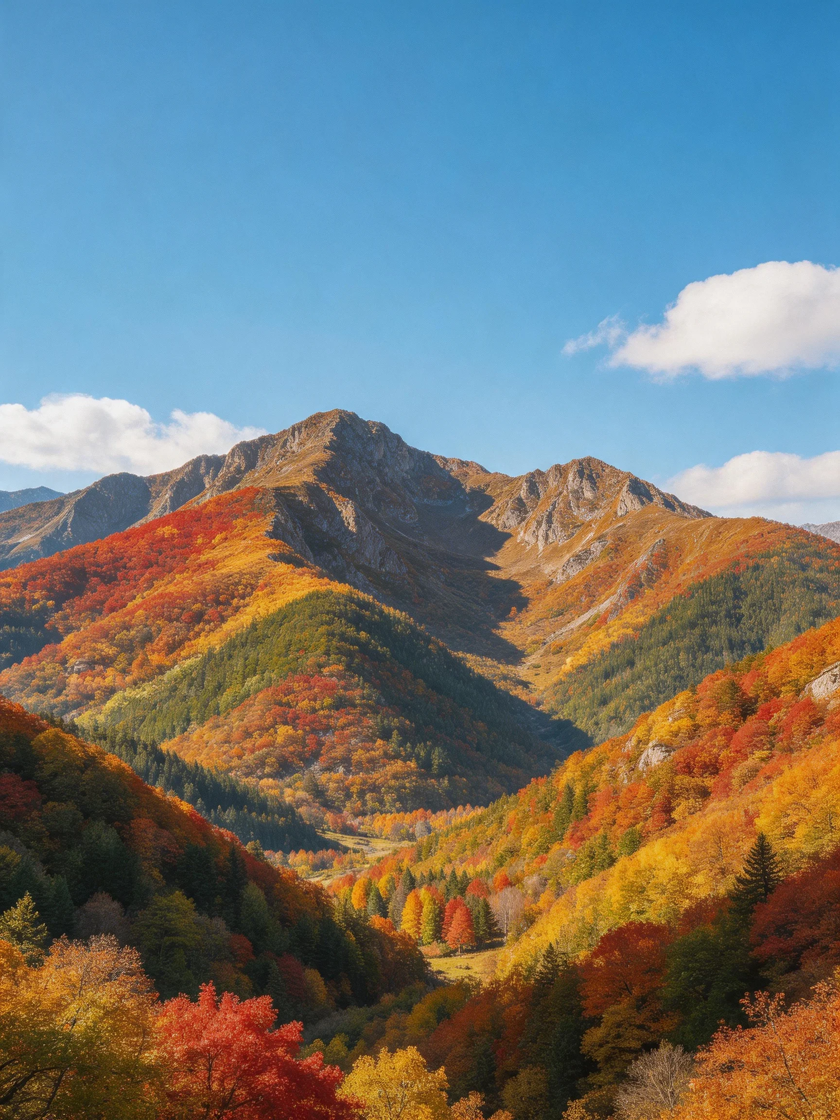 Vibrant autumn mountains with colorful forests and clear blue skies