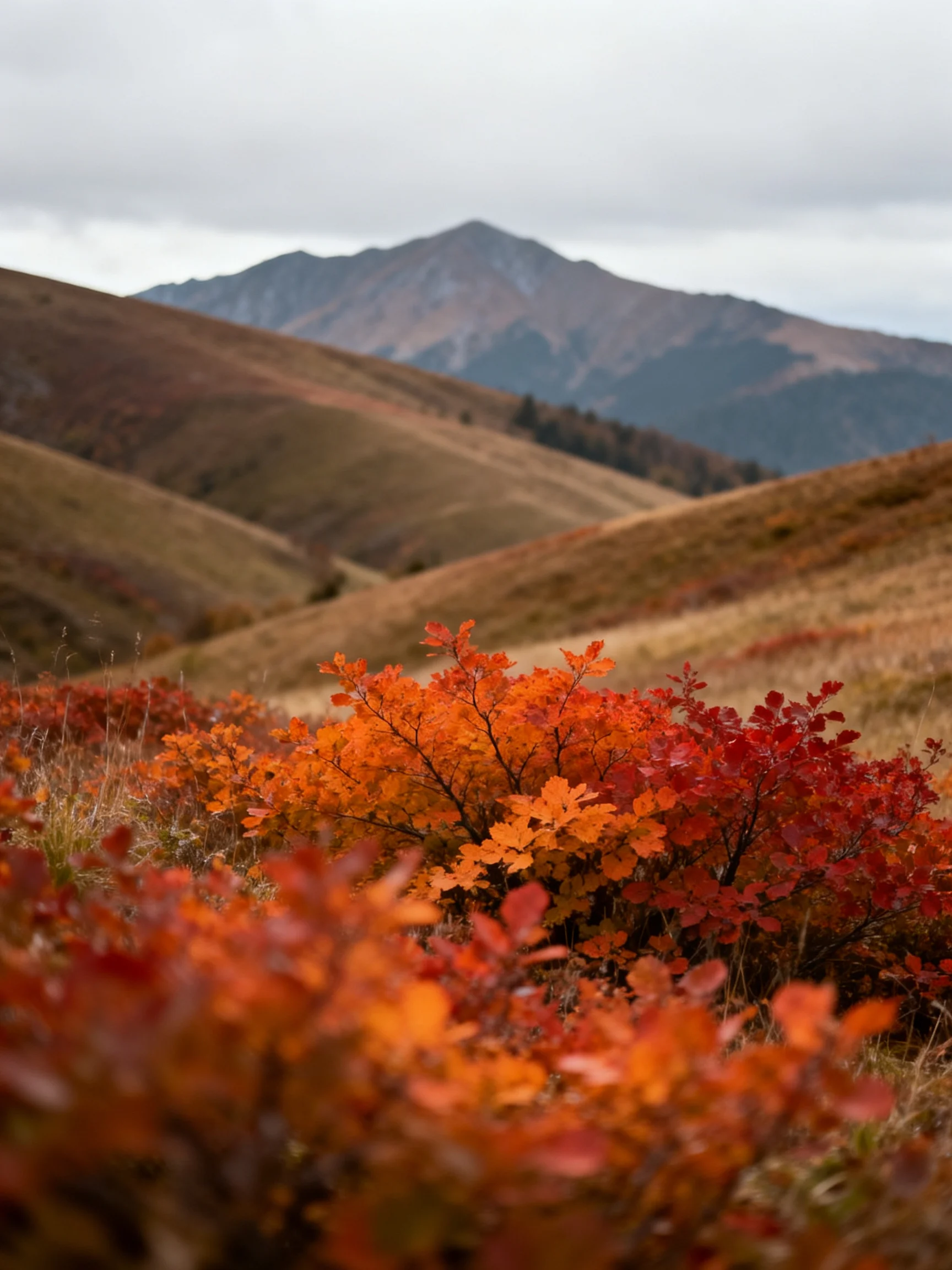Vibrant autumn shrubs against rolling hills and distant mountain peaks