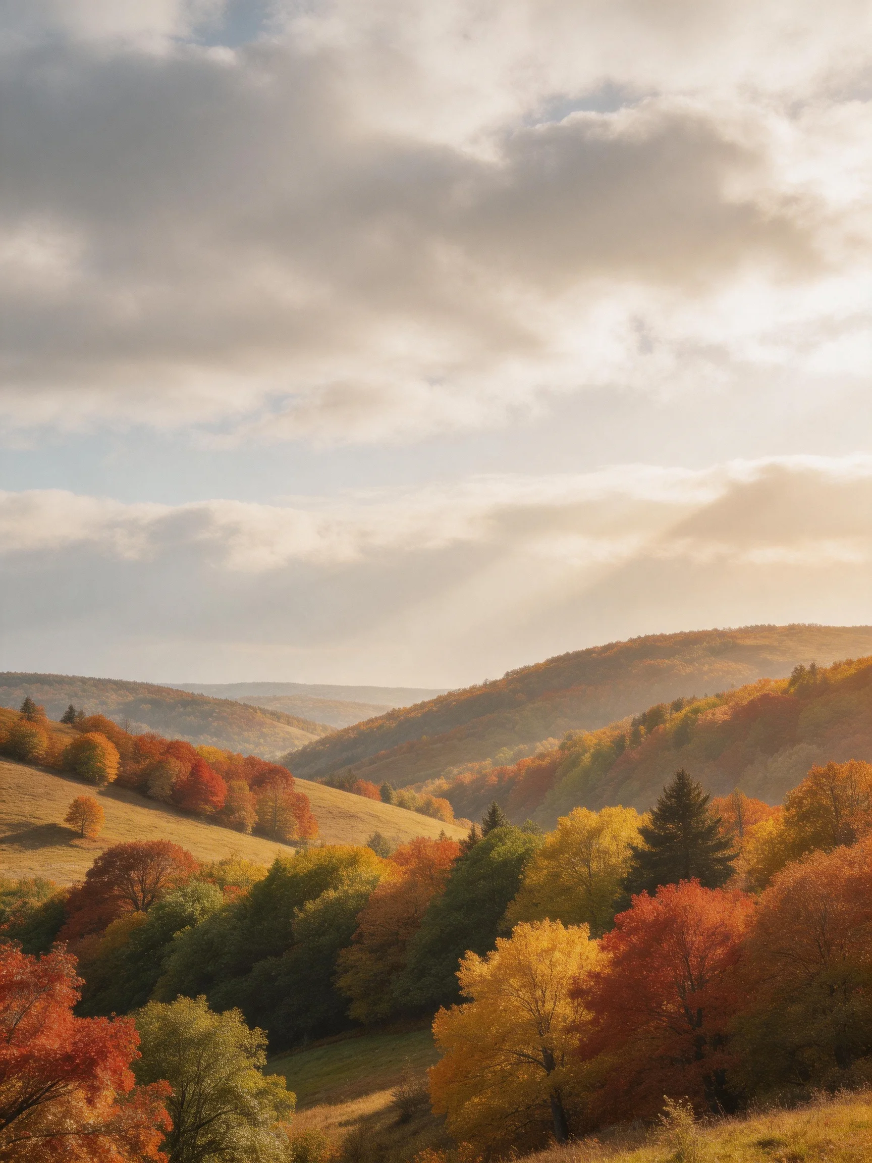 Vibrant autumn trees blanket rolling hills under a cloudy sky