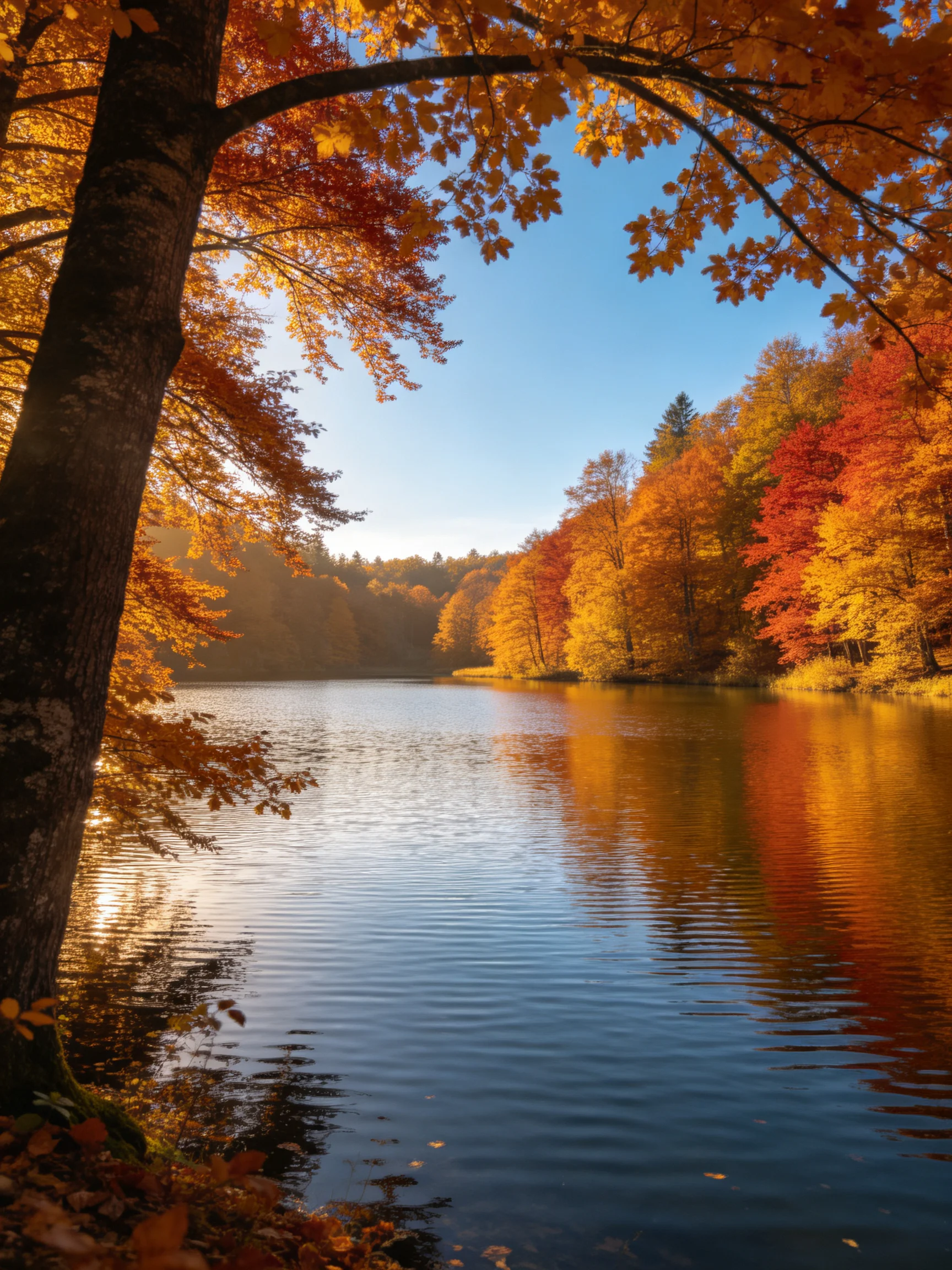Vibrant autumn trees frame a calm blue lake with golden reflections.