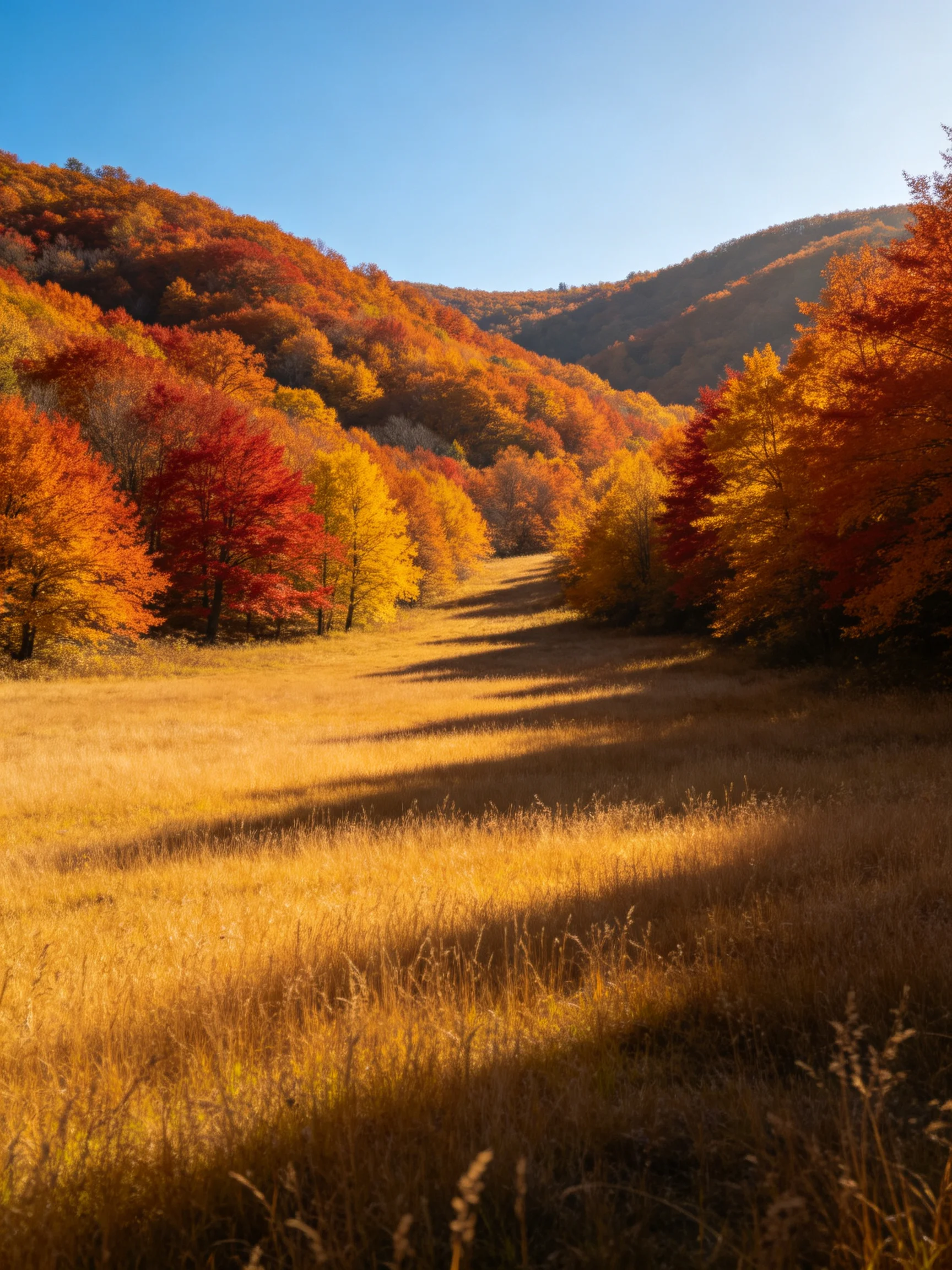 Vibrant autumn trees frame a golden meadow near rolling hills