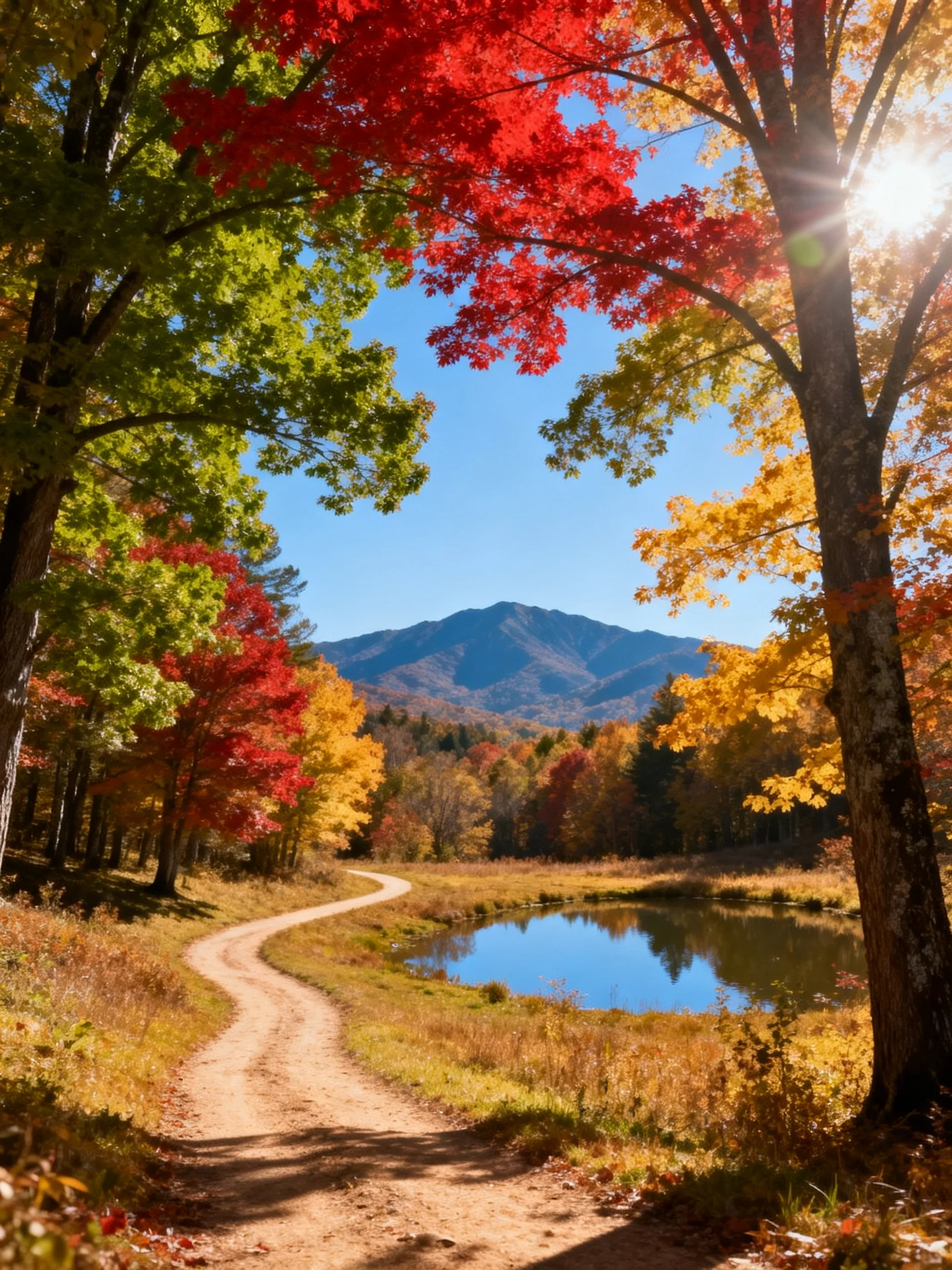 Vibrant autumn trees frame a winding dirt path near a reflective pond