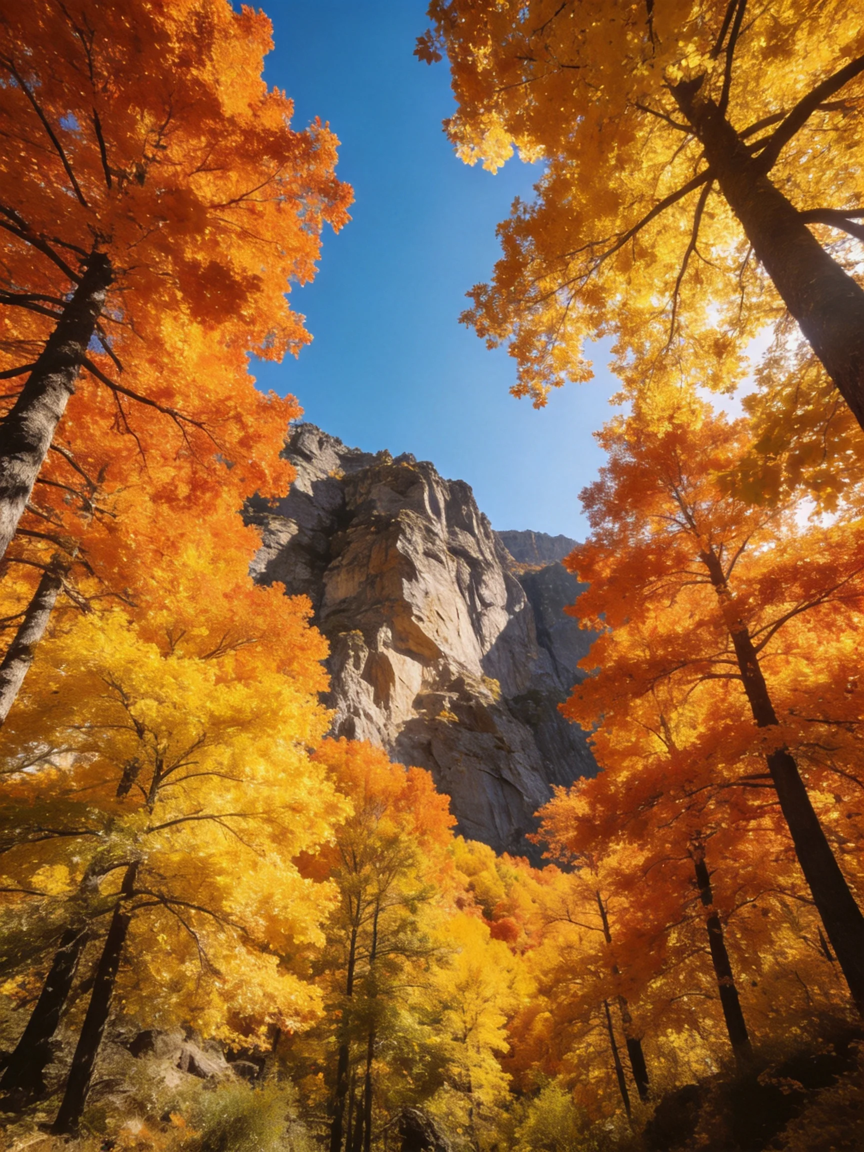 Vibrant autumn trees frame towering rocky cliffs under clear blue sky