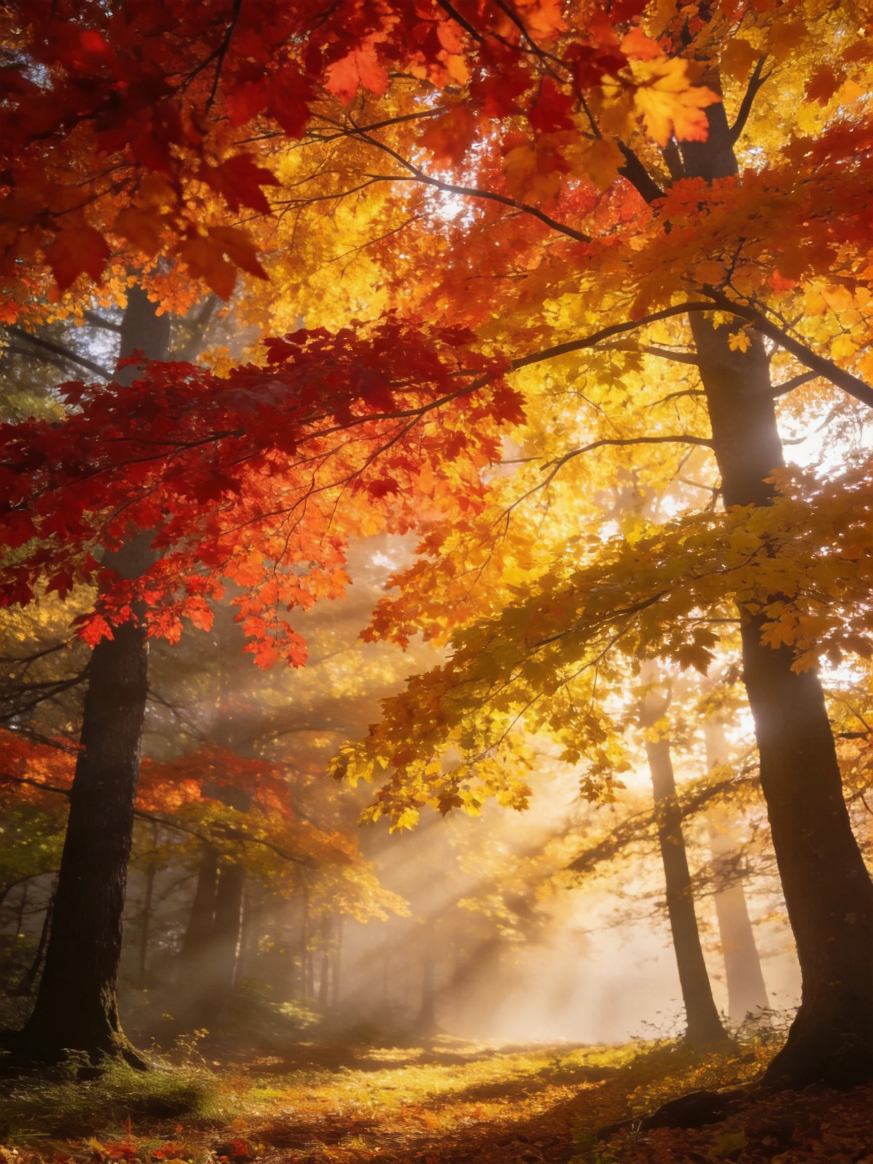 Vibrant autumn trees illuminate a misty forest path with golden rays