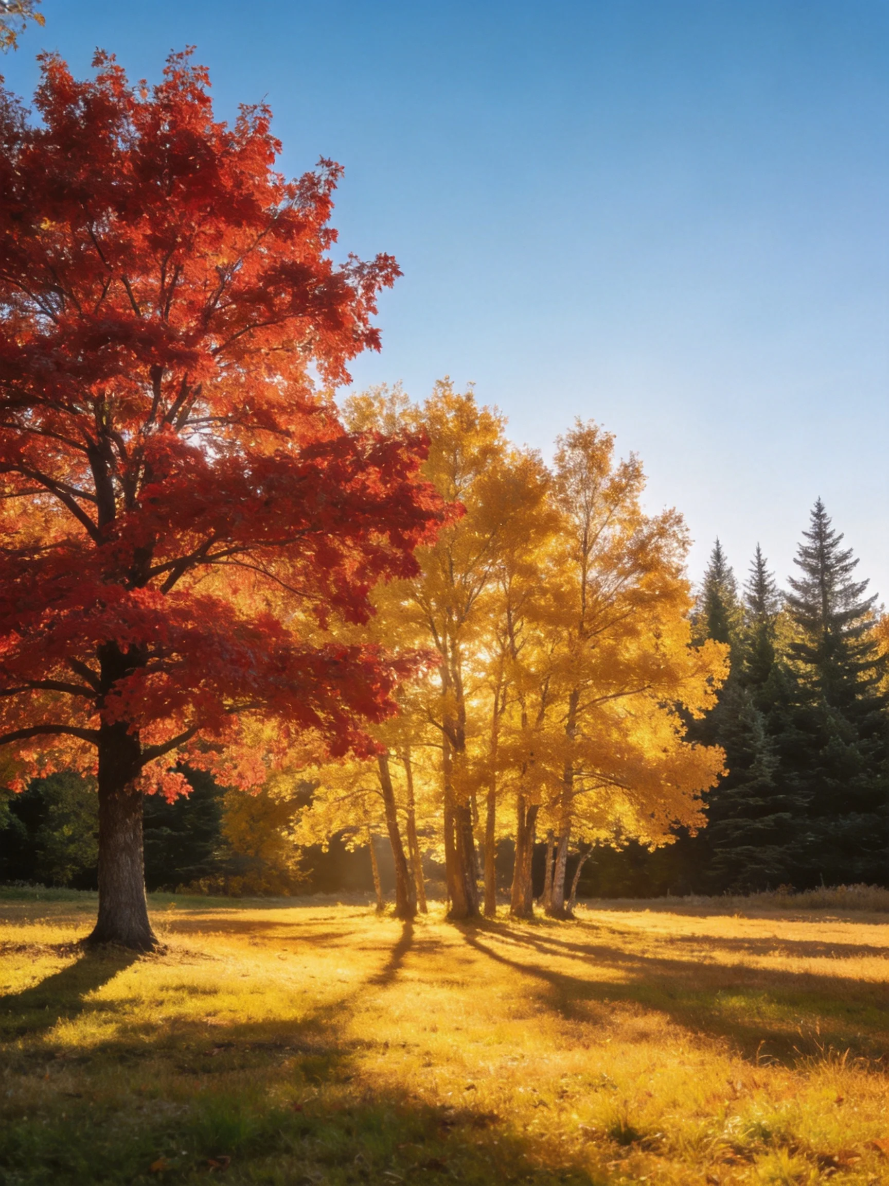 Vibrant autumn trees in golden, crimson, and green hues under bright blue sky