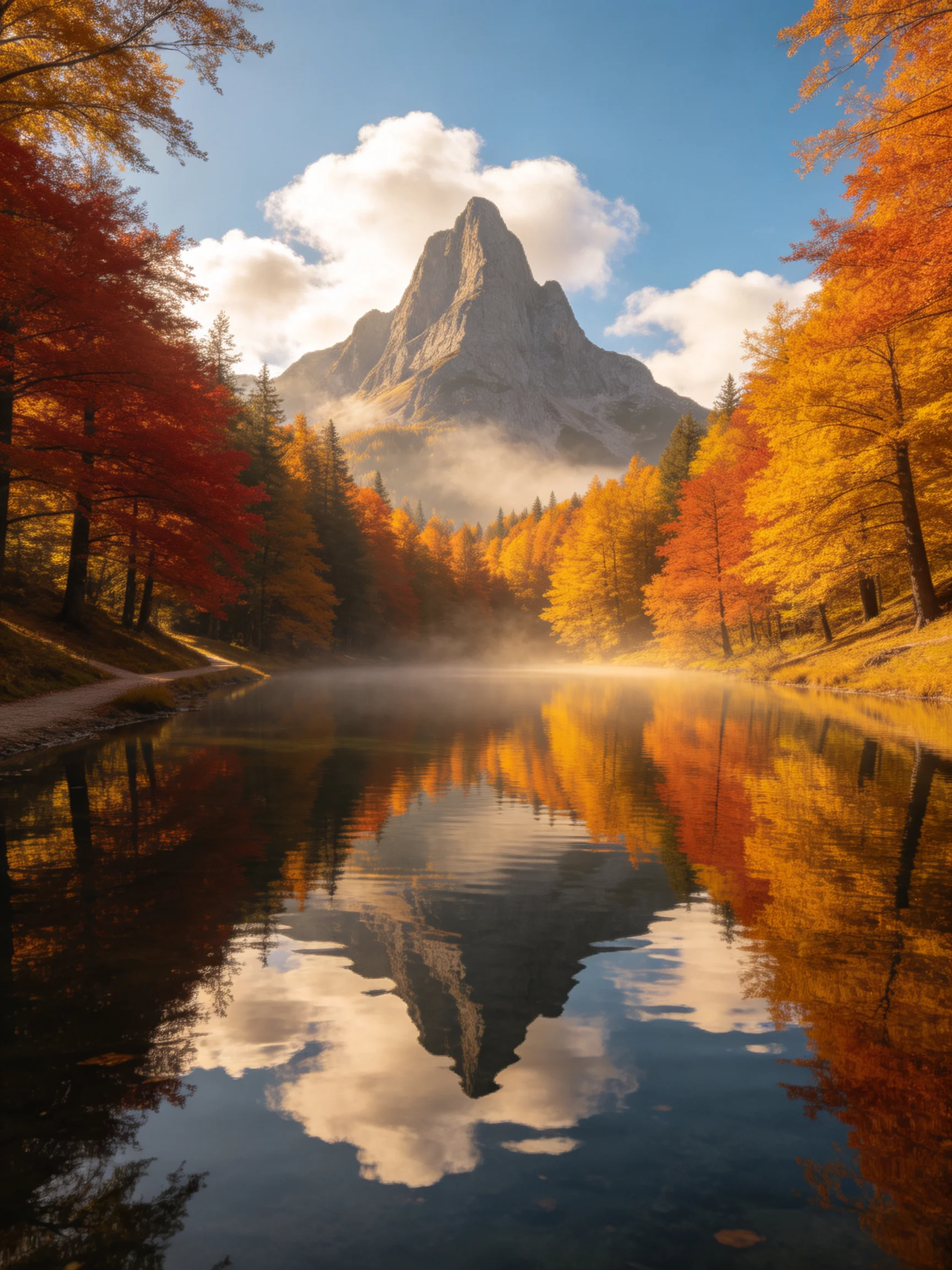 Vibrant autumn trees reflect in a calm lake beside a tall mountain