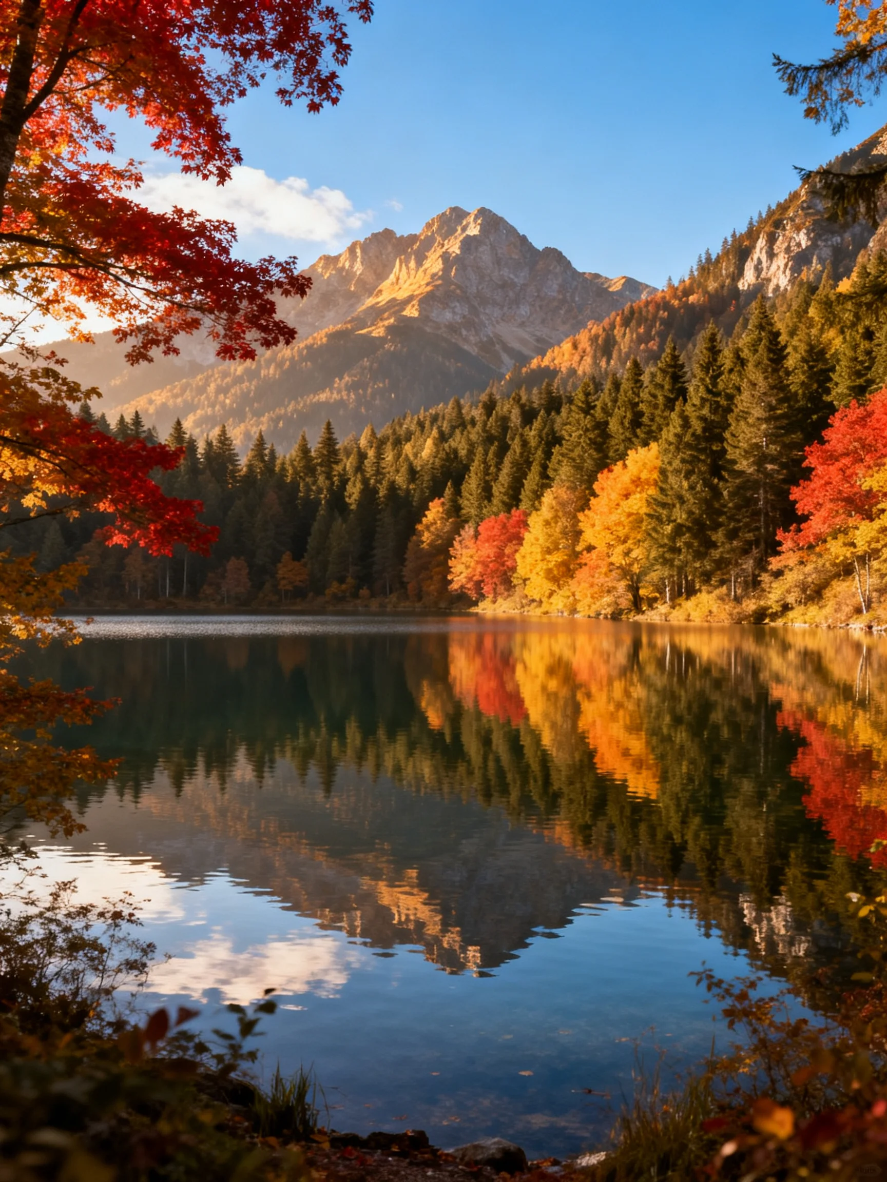 Vibrant autumn trees reflect in a tranquil mountain lake