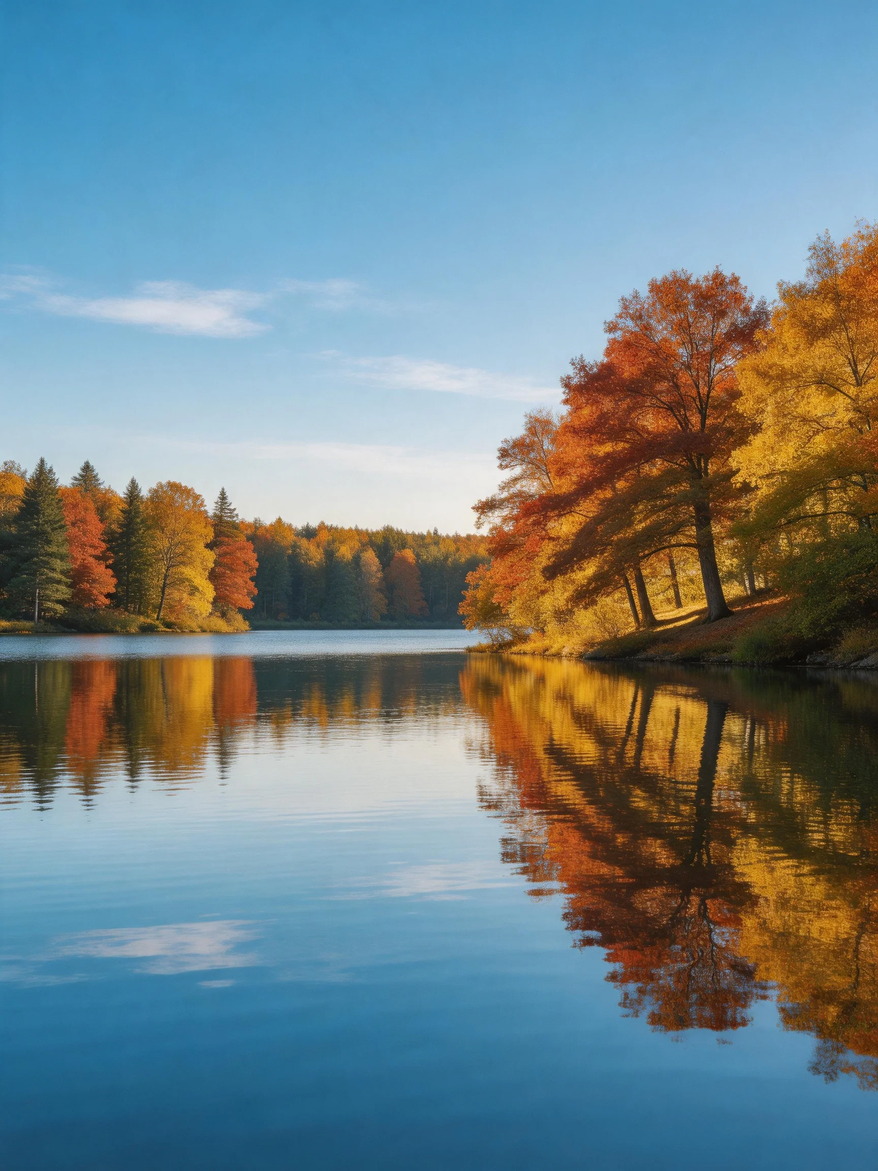 Vibrant autumn trees reflect in calm blue lake waters