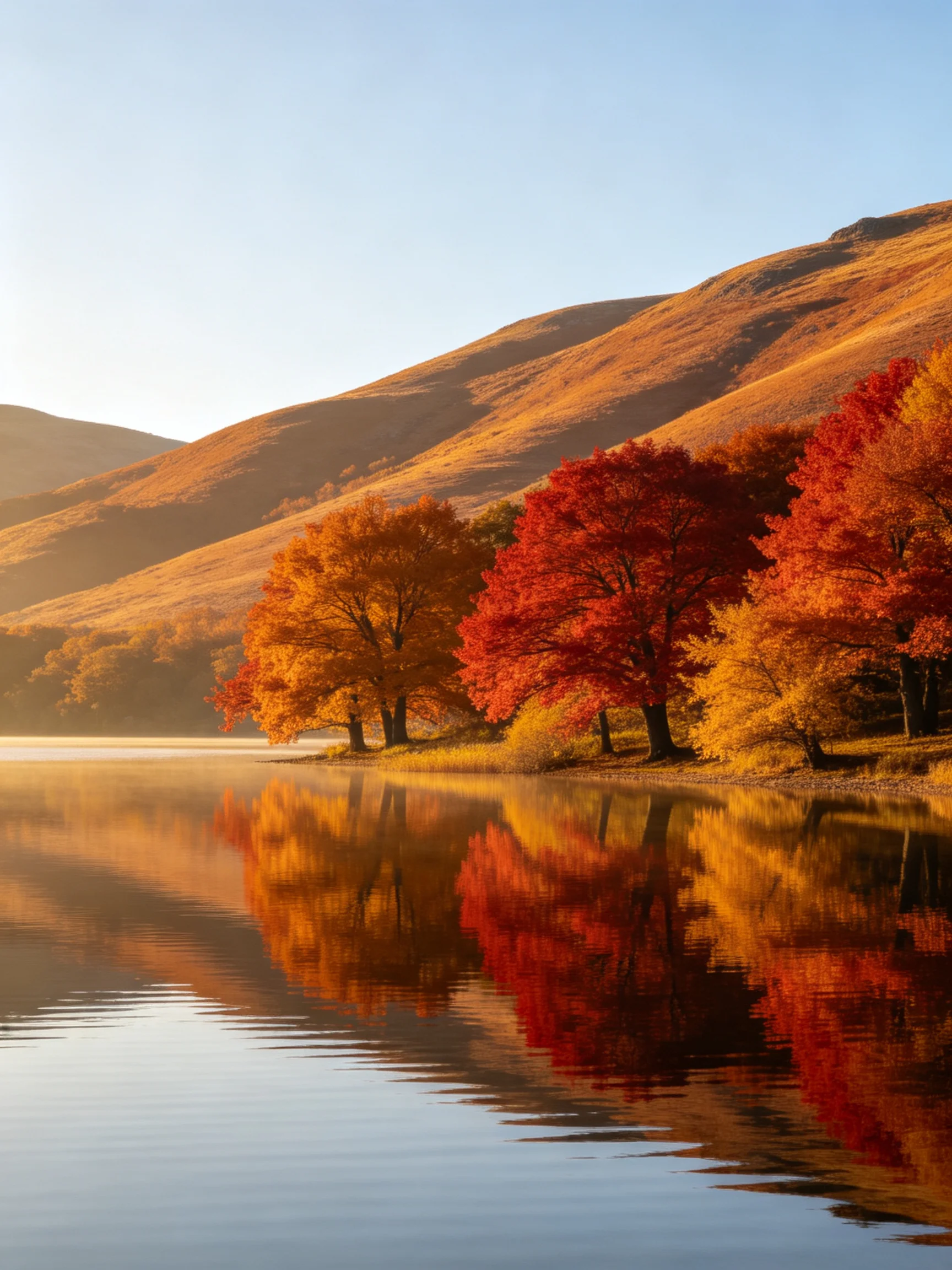 Vibrant autumn trees reflect in calm lake near golden hills