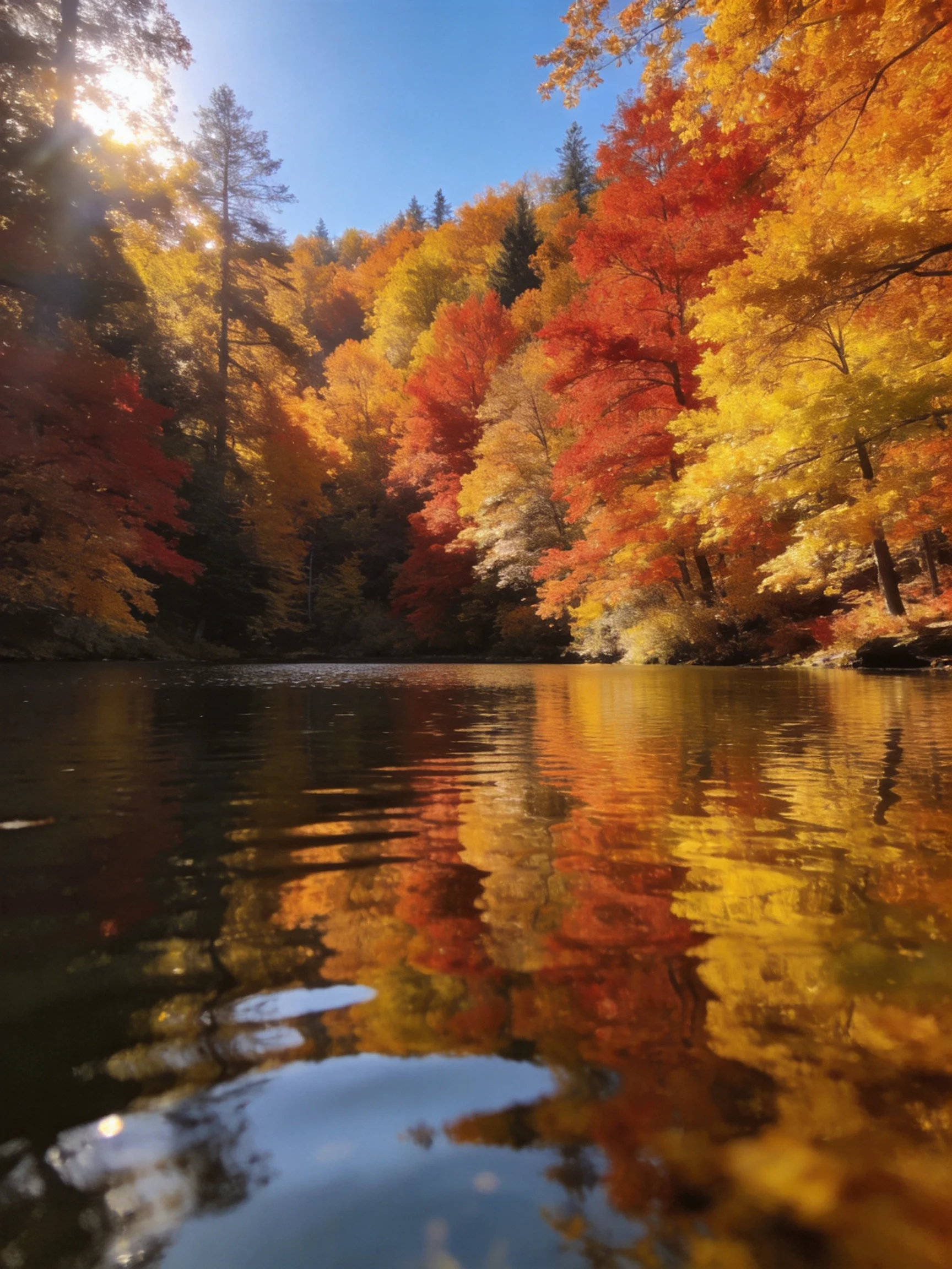 Vibrant autumn trees reflect in calm river waters