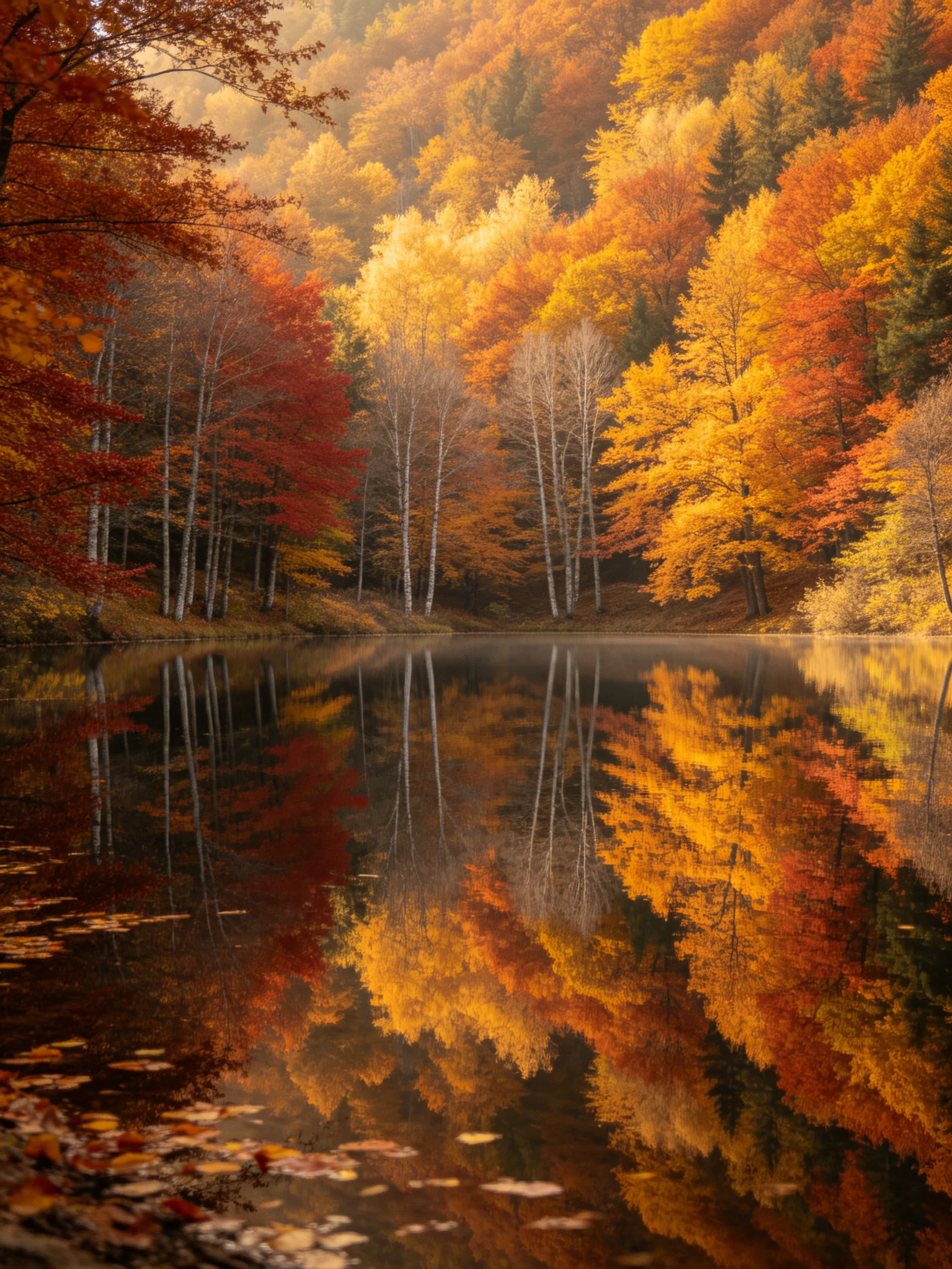 Vibrant autumn trees reflected in calm, mirror-like lake waters