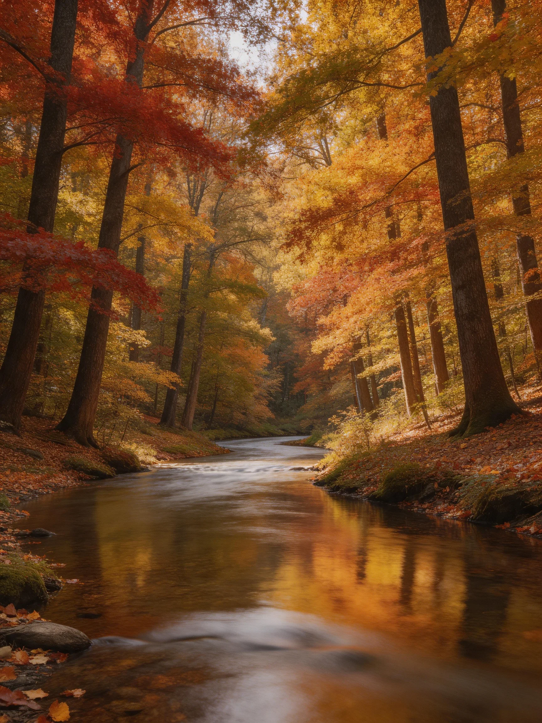 Vibrant fall foliage frames a winding stream through tall forest trees