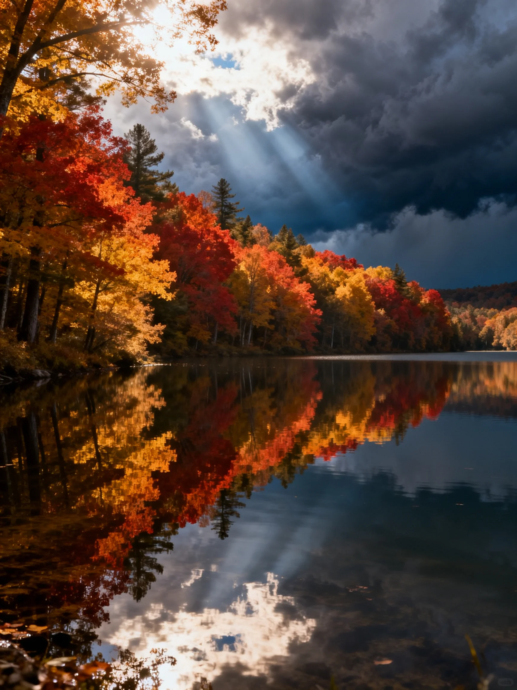 Vibrant fall foliage reflected in calm lake under stormy sky
