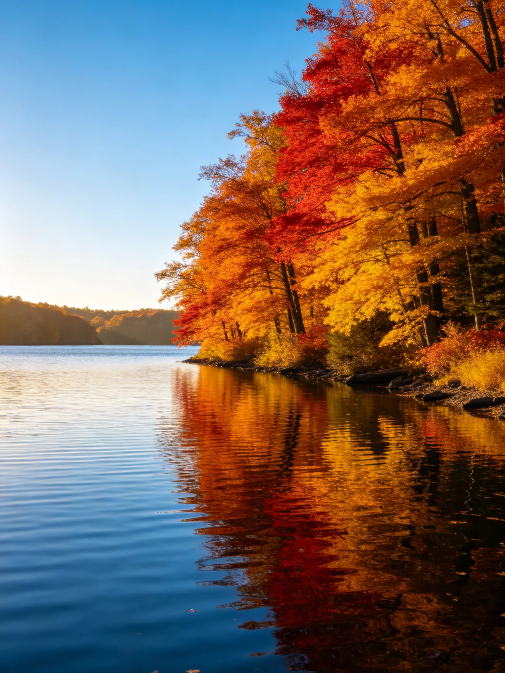 Vibrant fall foliage reflects in calm blue lake waters