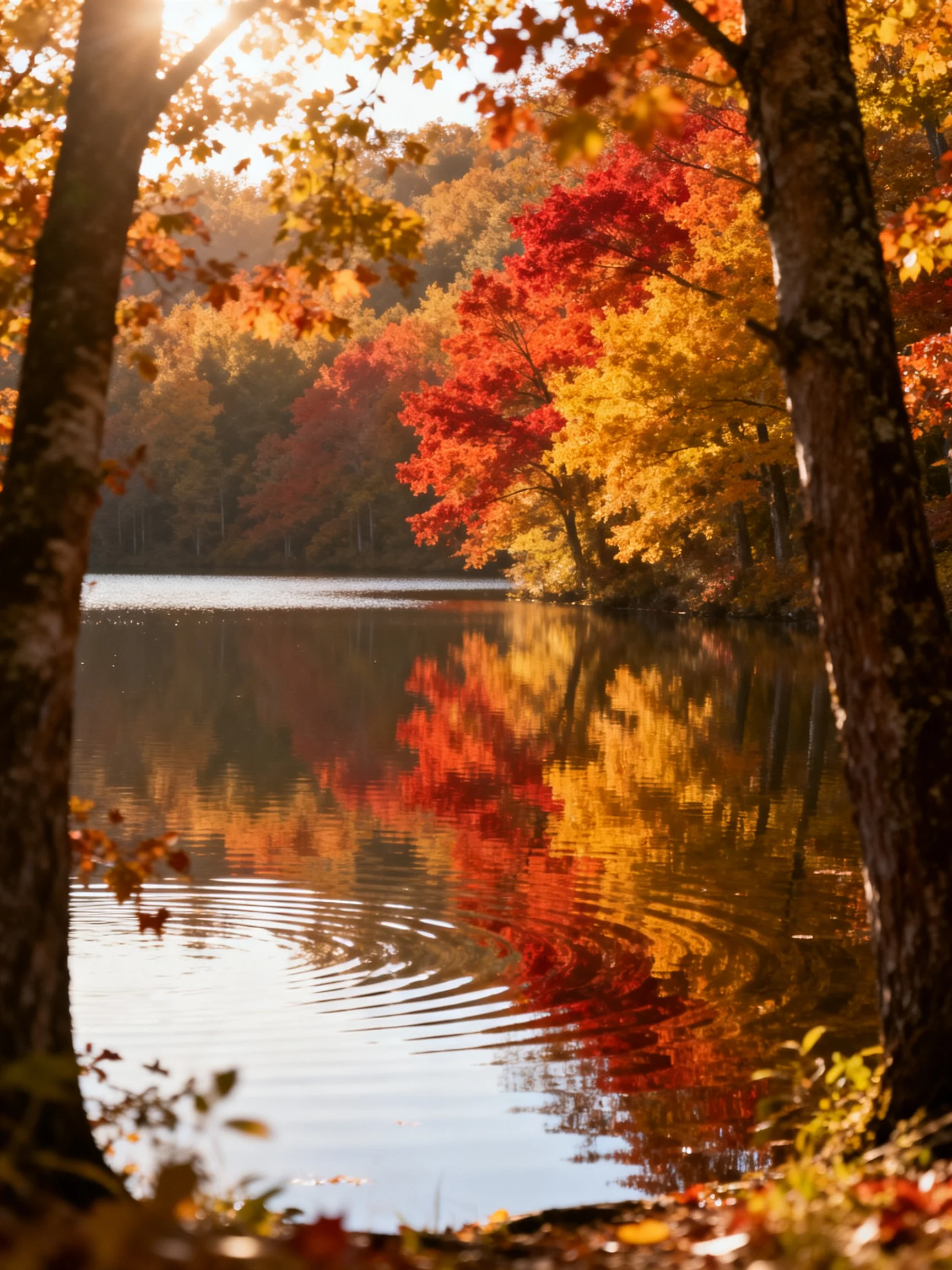 Vibrant fall foliage reflects in calm lake near tall trees