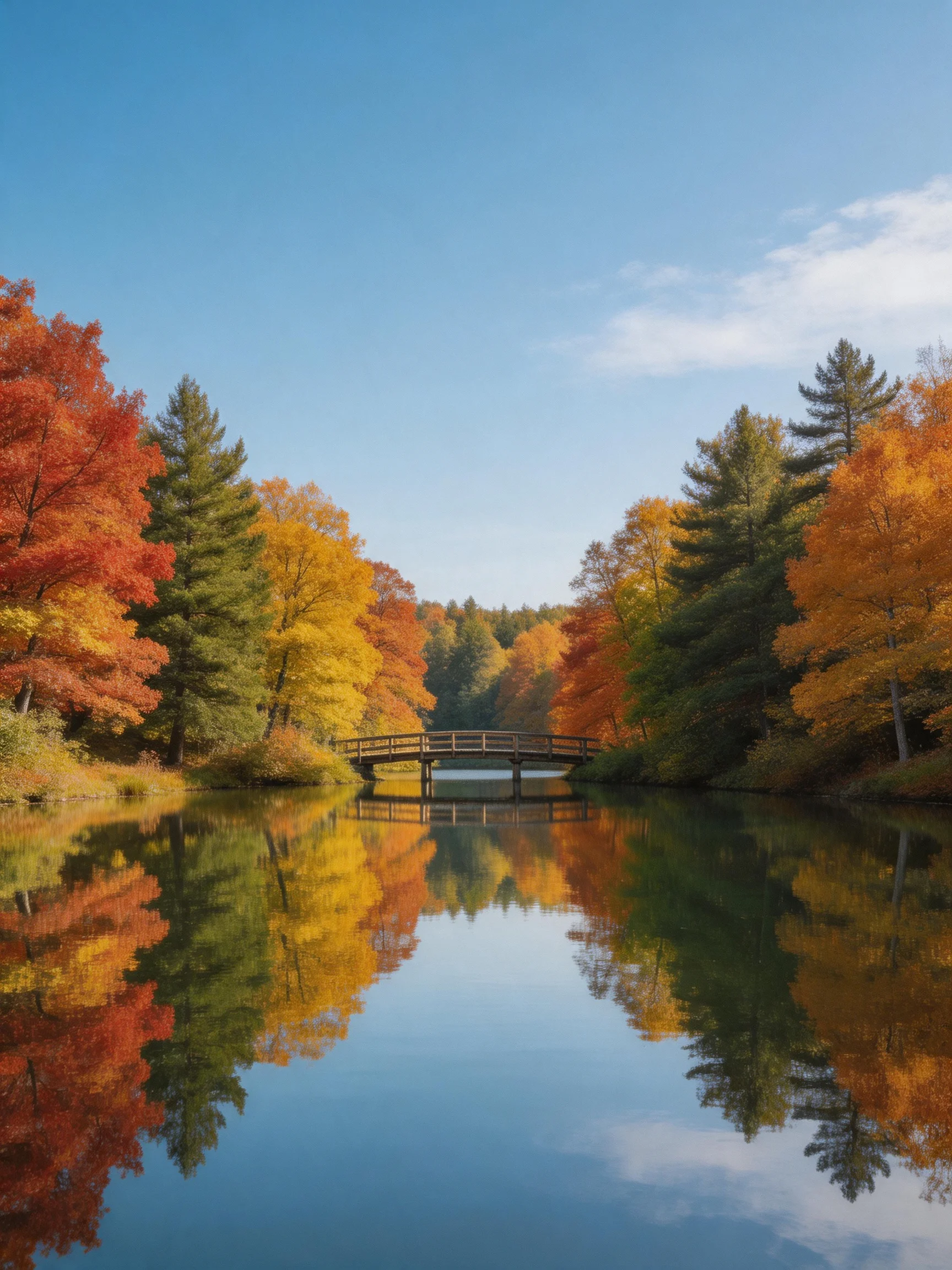 Vibrant fall foliage surrounds a wooden bridge over calm waters