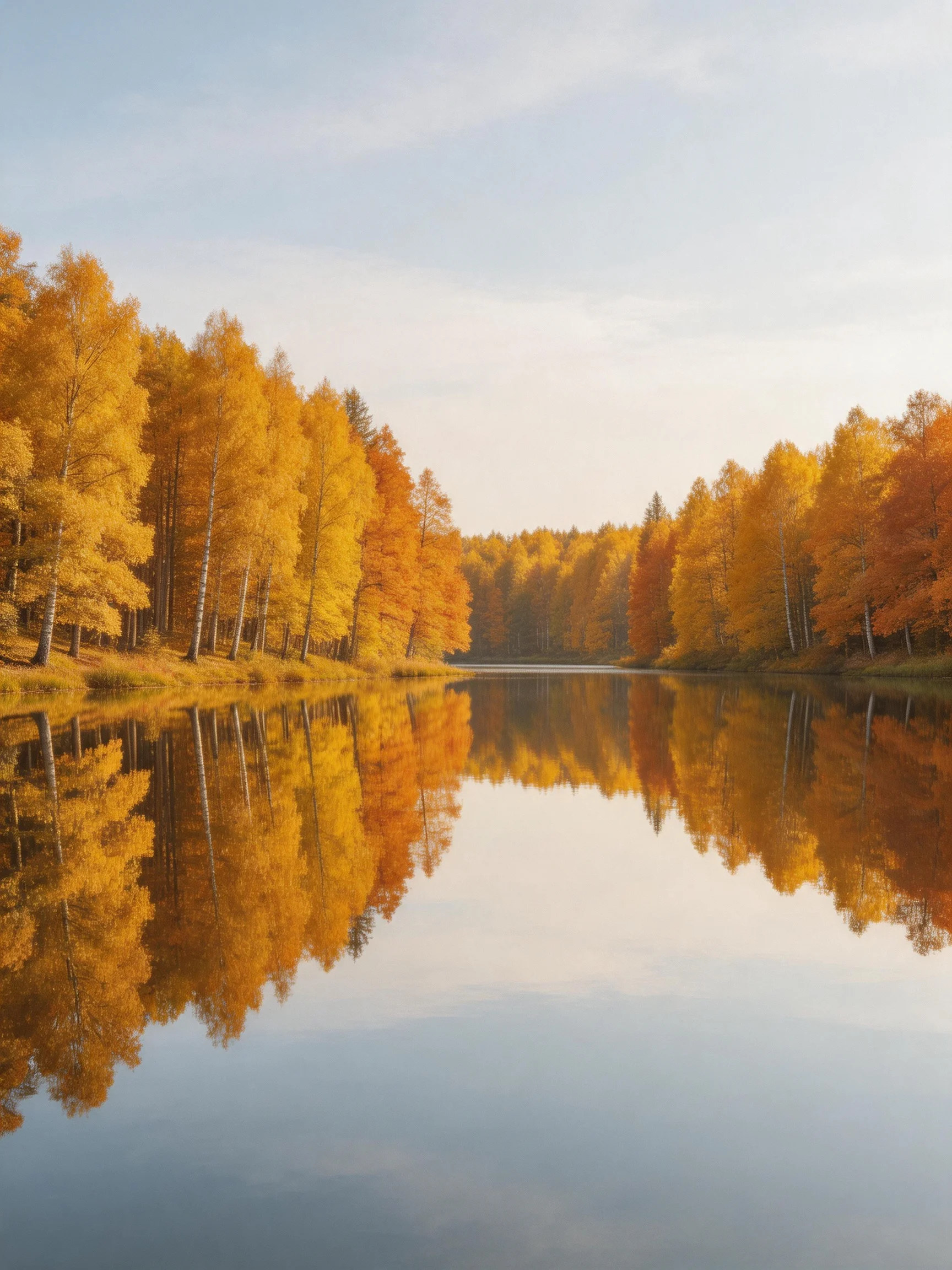Vibrant golden autumn trees reflecting in a serene lake