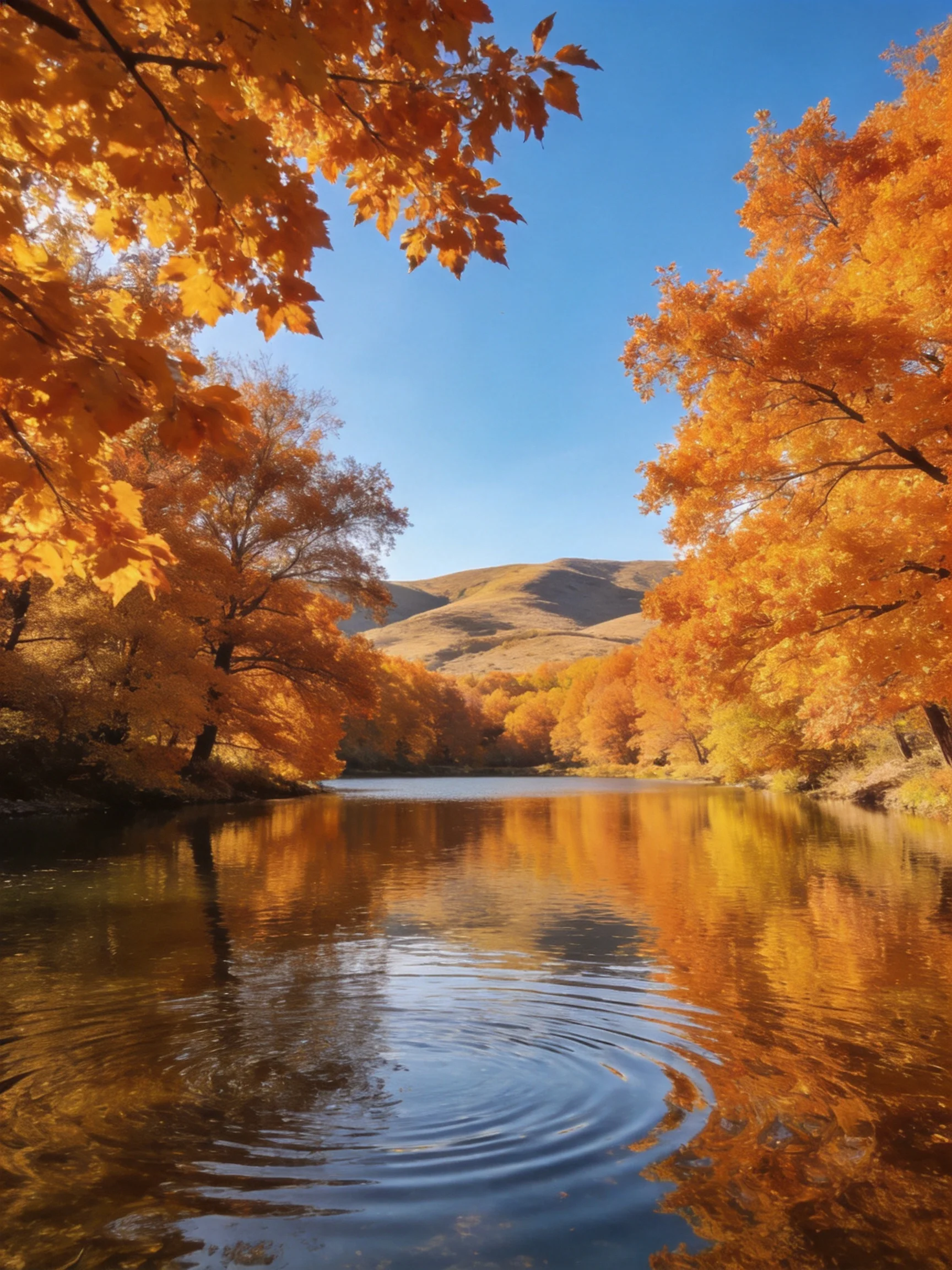 Vibrant golden foliage lines a reflective river under clear blue sky