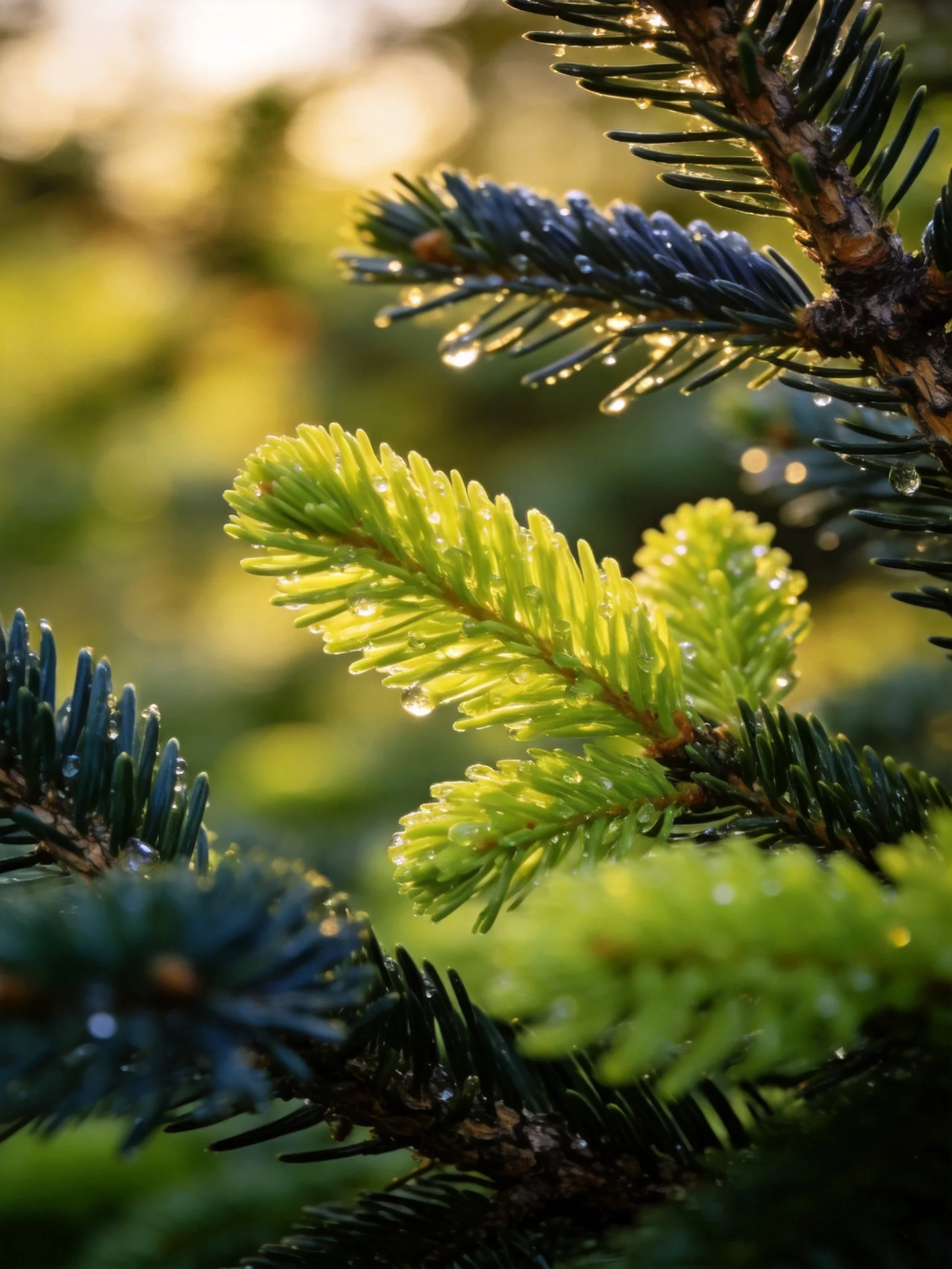 Vibrant green and deep blue pine needles adorned with sparkling dewdrops
