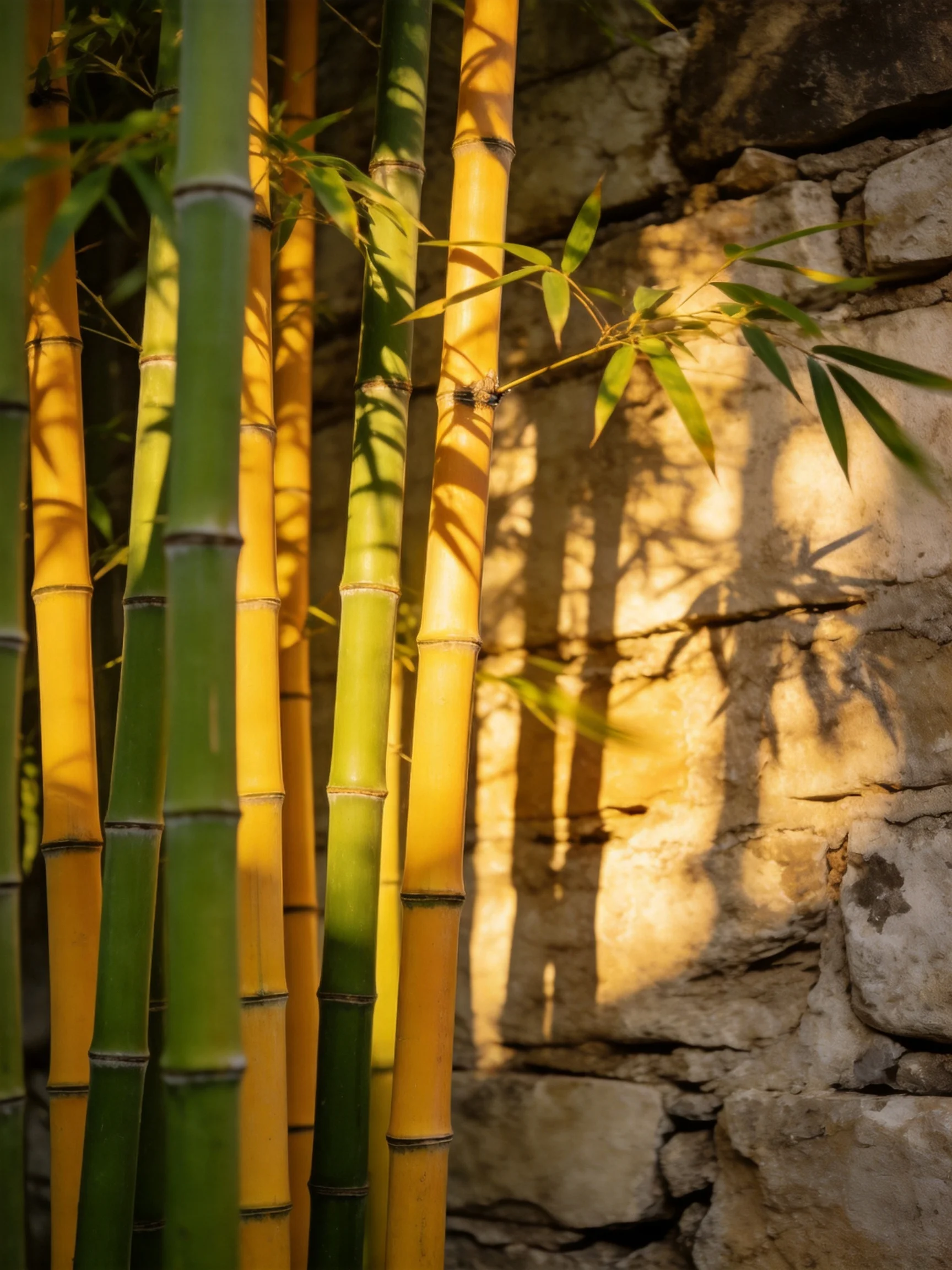 Vibrant green and golden bamboo stalks beside an aged stone wall