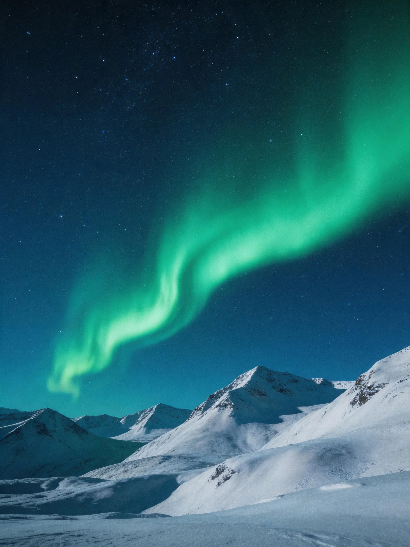 Vibrant green aurora illuminates snow-draped mountain ranges under starry night