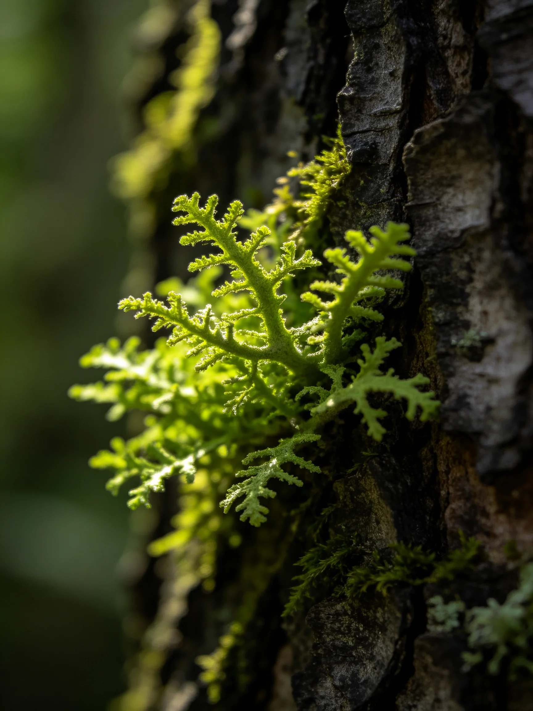 Vibrant green fern - like plant clinging to rough tree bark