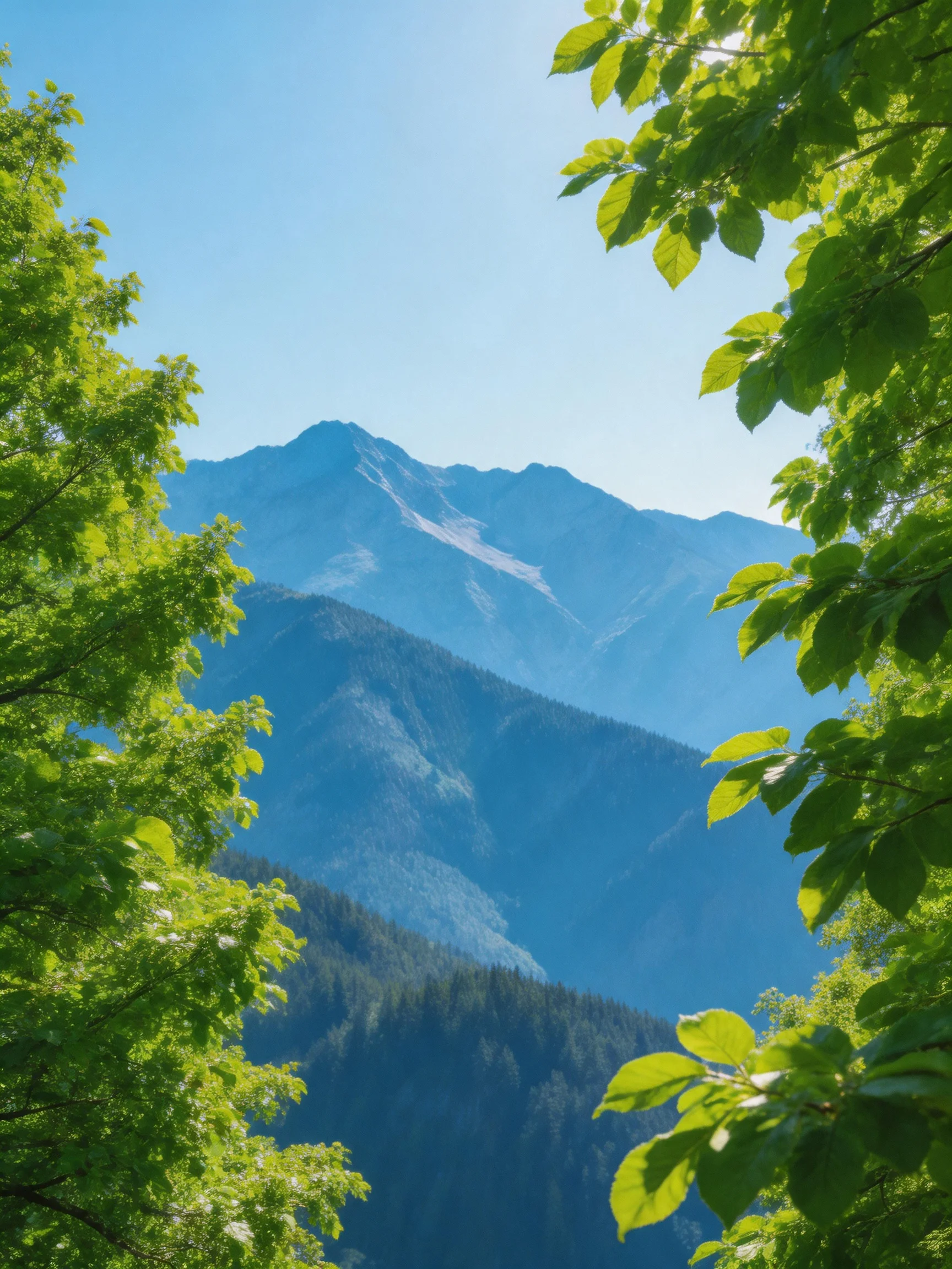 Vibrant green foliage frames layered blue mountain ranges