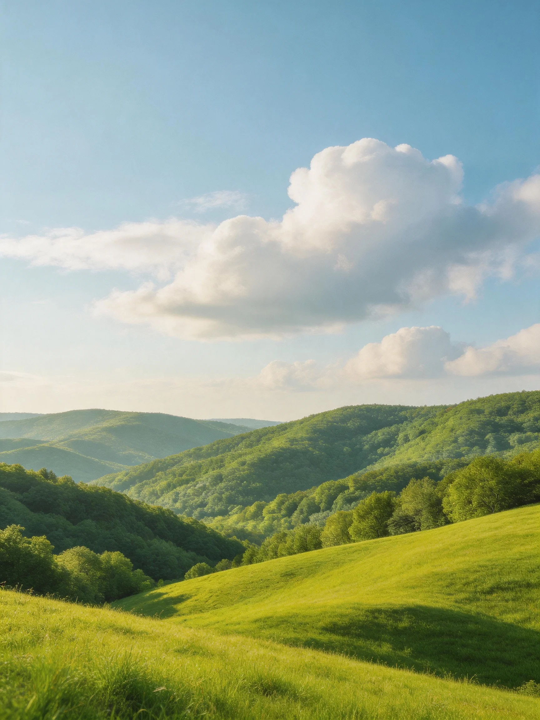 Vibrant green hills and meadows beneath a clear blue sky with puffy clouds