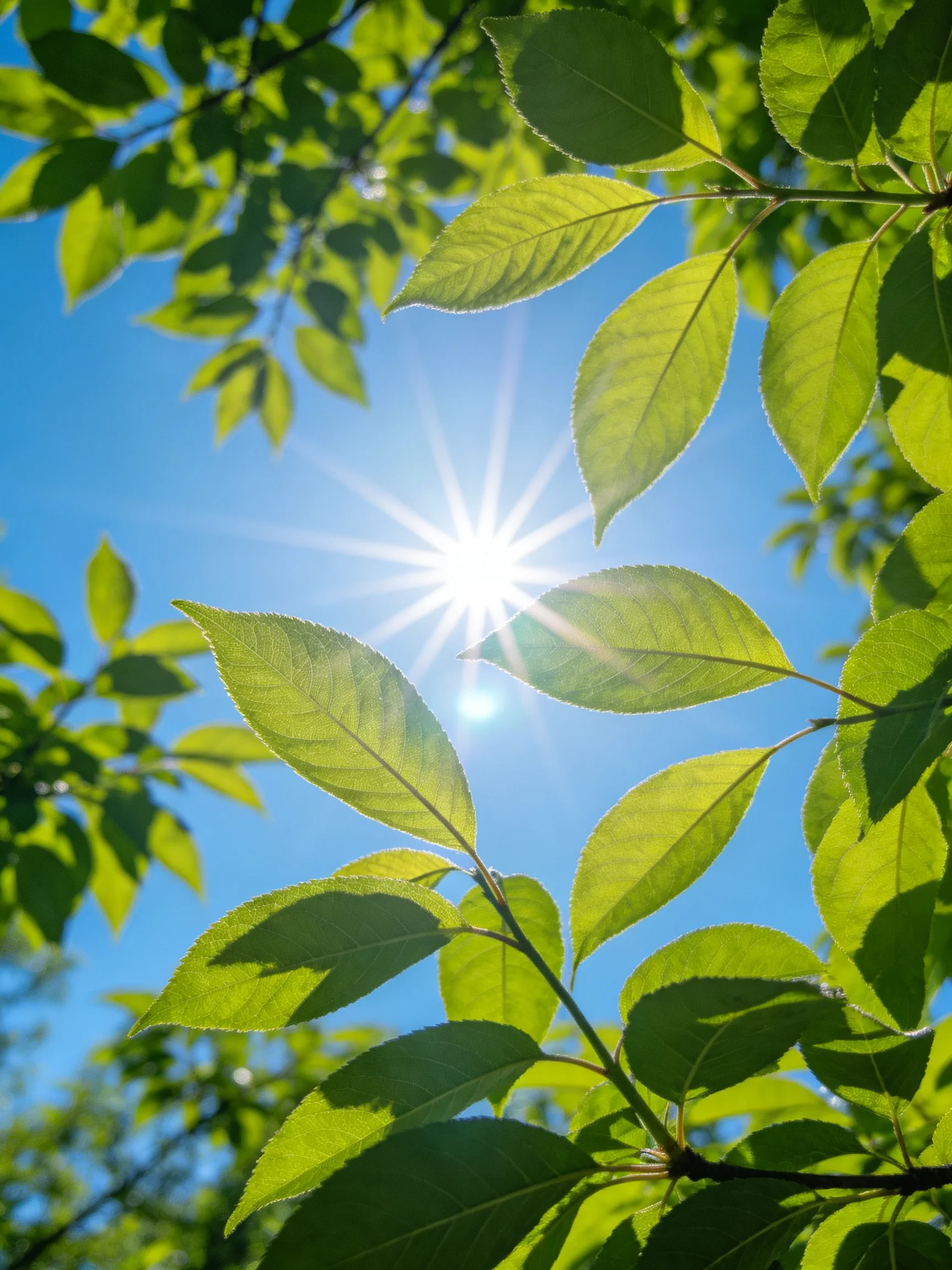 Vibrant green leaves and radiant sun against clear blue sky